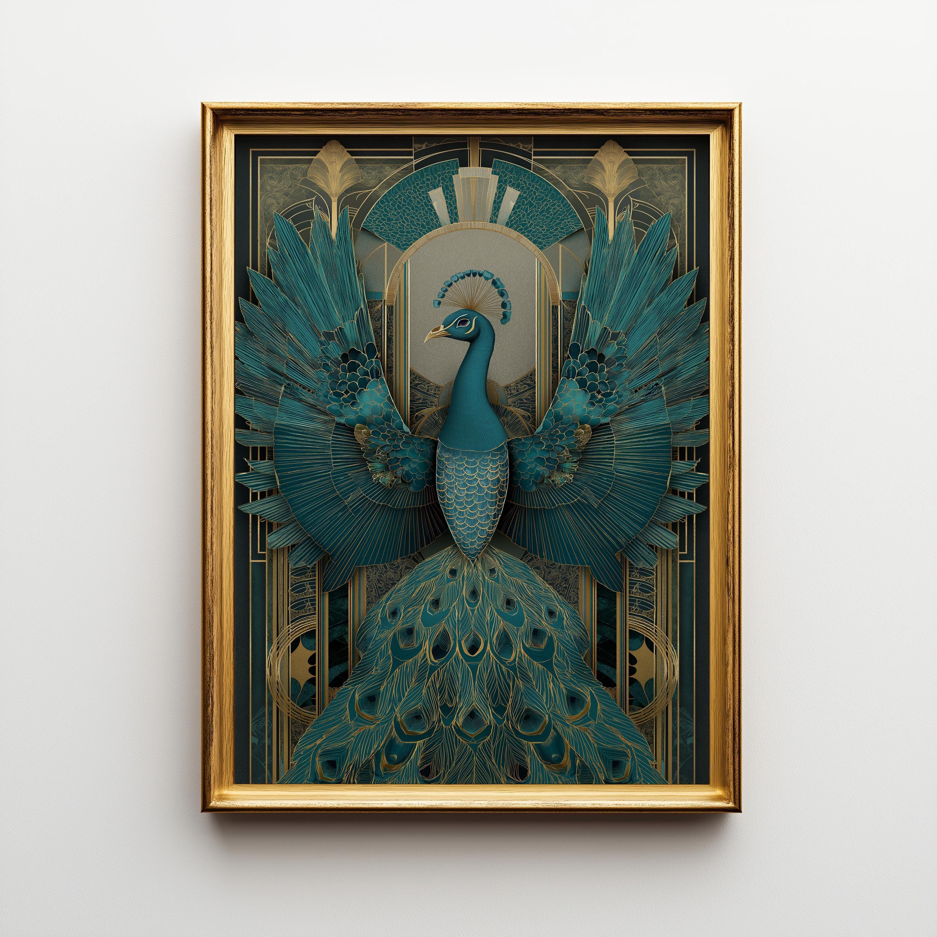 Art Deco Peacock Teal Gold Geometric Wall Art