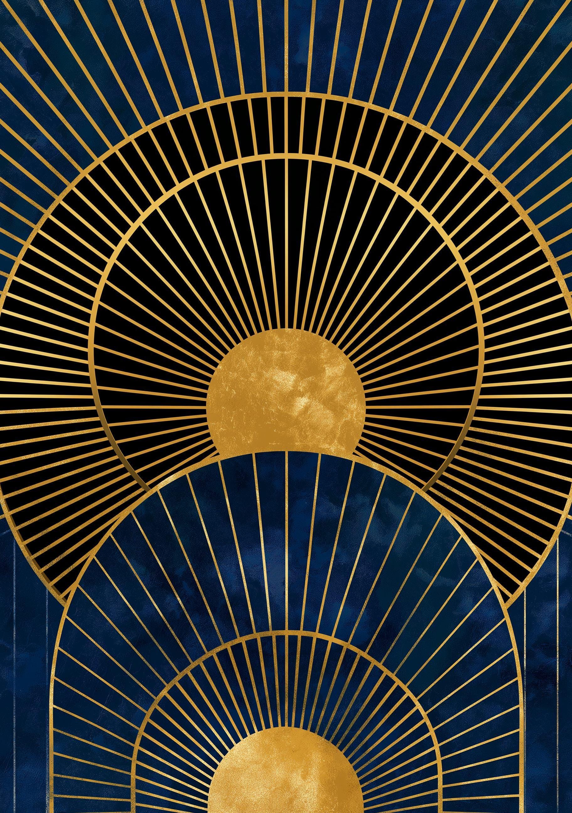 Navy Blue & Gold Geometric Sunburst Luxury Abstract Wall Art by The Wall Art Studio