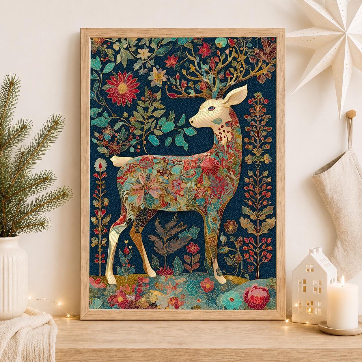 Floral Deer Christmas Scandinavian Botanical Reindeer Wall Art by The Wall Art Studio
