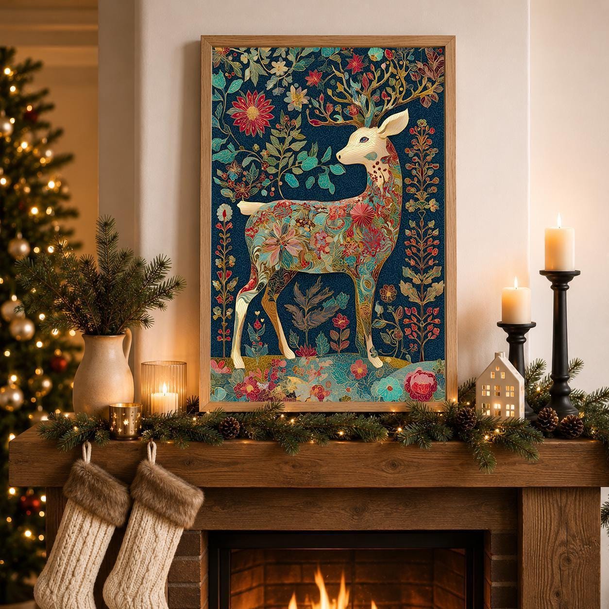 Floral Deer Christmas Scandinavian Botanical Reindeer Wall Art by The Wall Art Studio