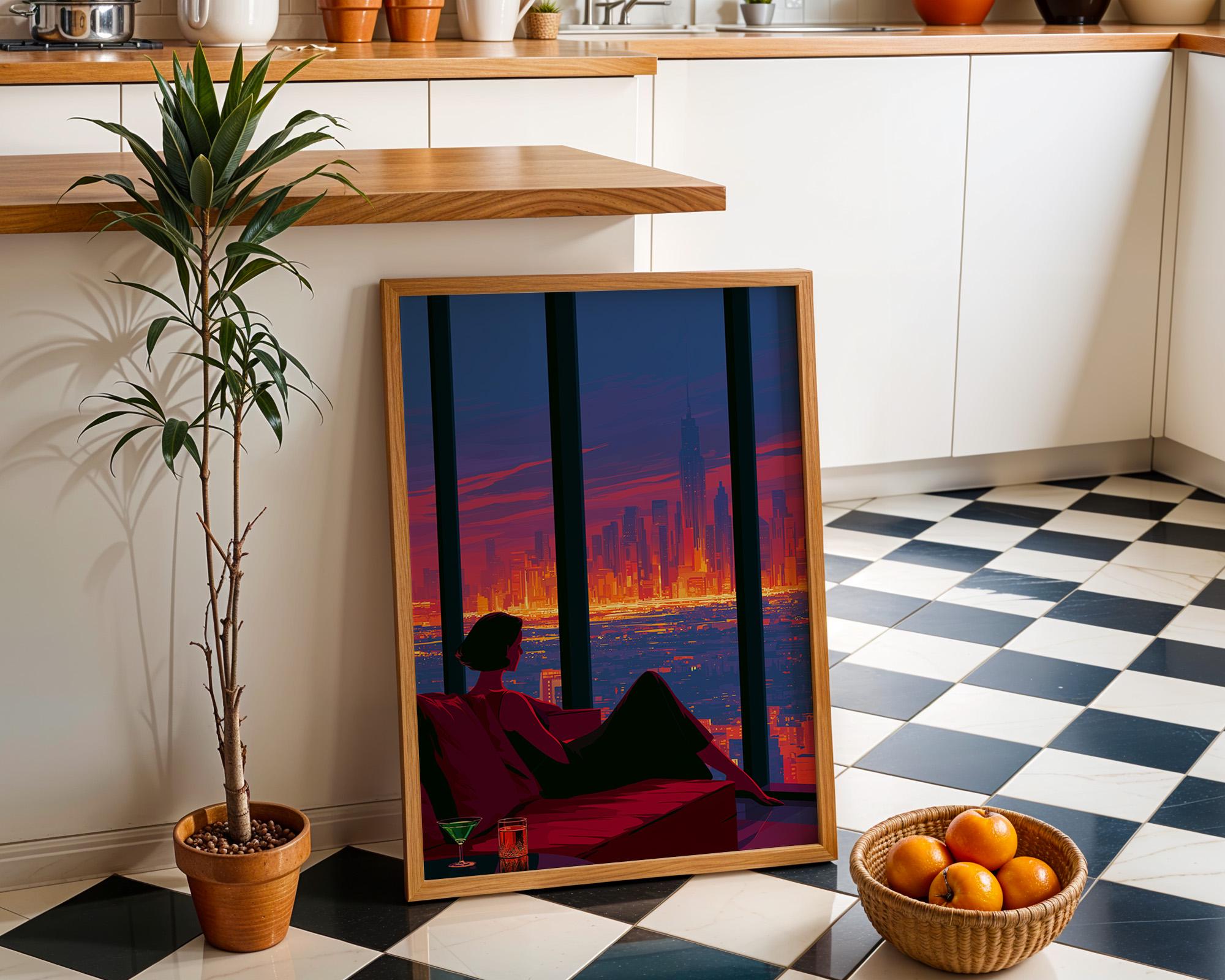 Neo Deco Luxury Penthouse Elegant Woman City Skyline Wall Art by The Wall Art Studio