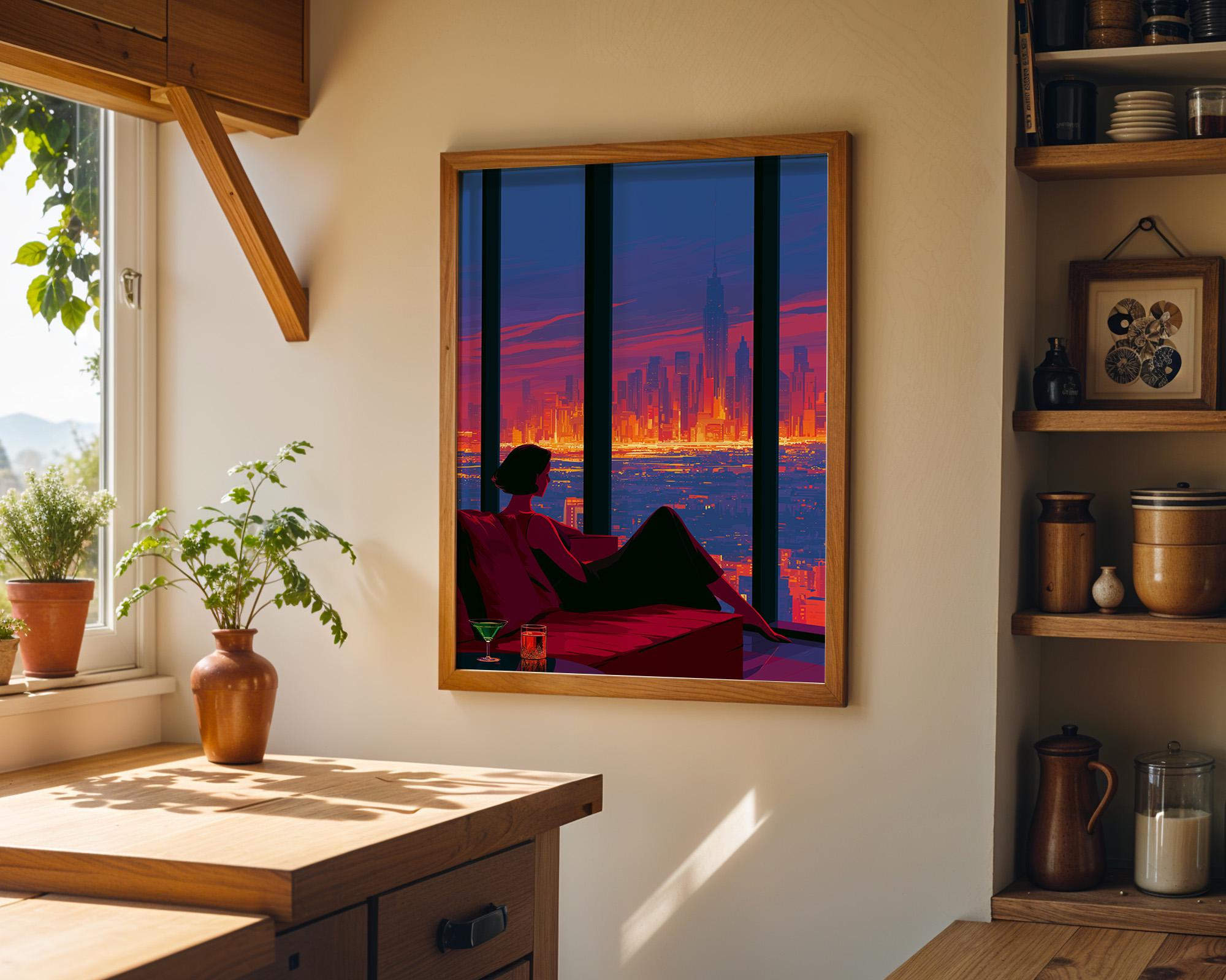 Neo Deco Luxury Penthouse Elegant Woman City Skyline Wall Art by The Wall Art Studio