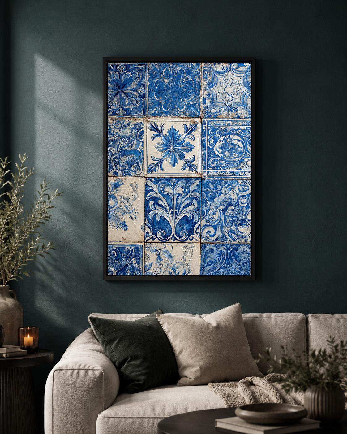 Blue Portuguese Tile Azulejo Ceramic Pattern Framed Canvas by The Wall Art Studio