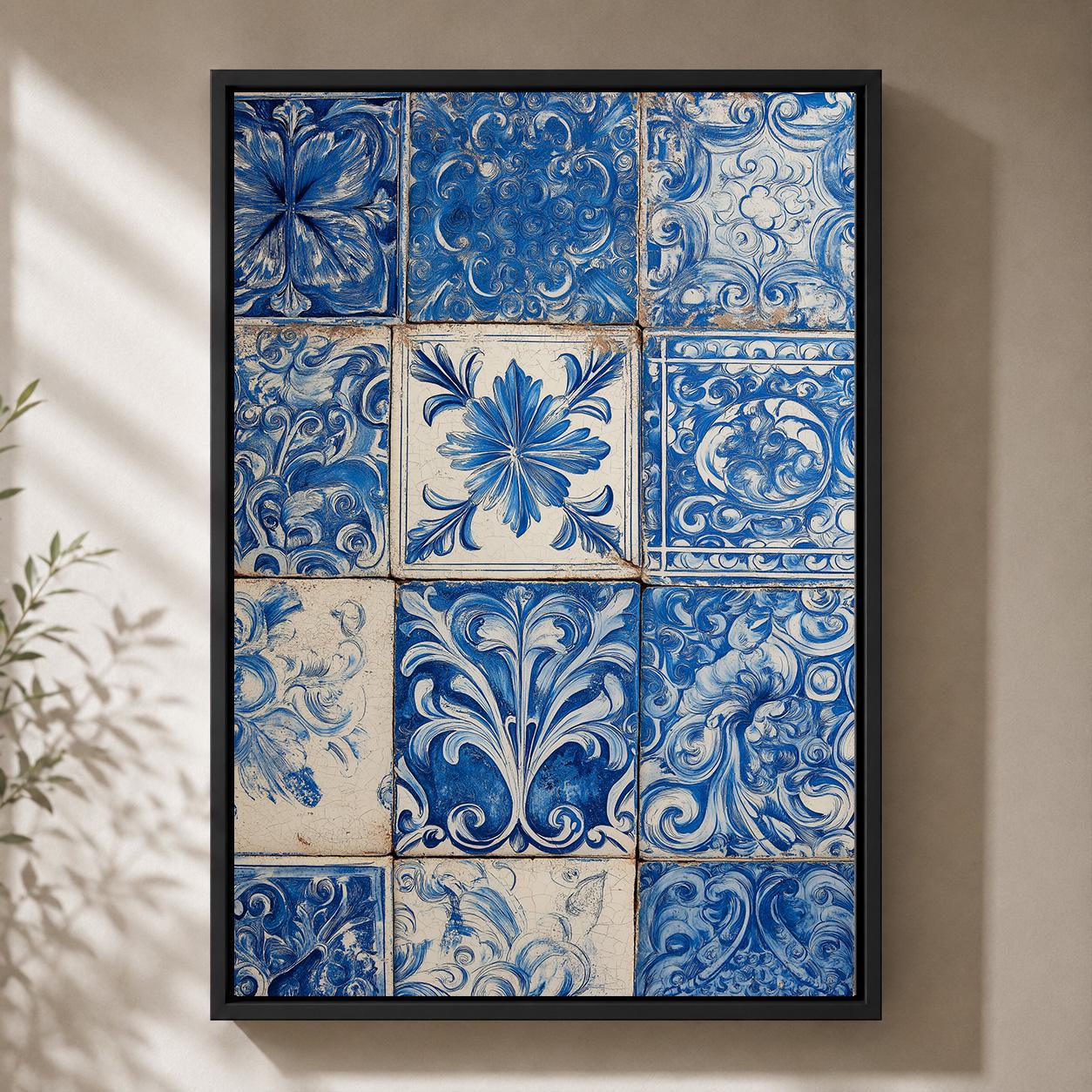 Blue Portuguese Tile Azulejo Ceramic Pattern Framed Canvas by The Wall Art Studio