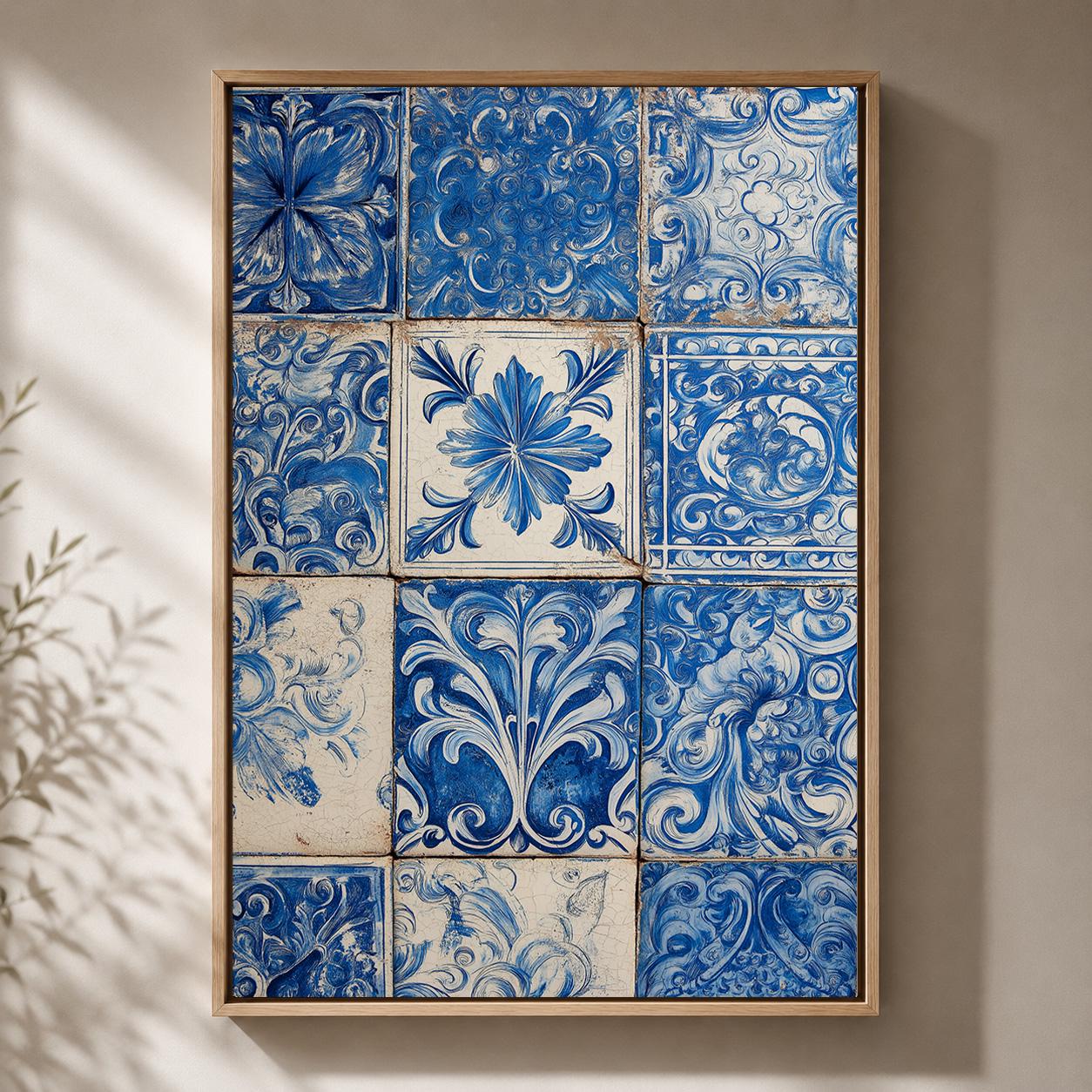 Blue Portuguese Tile Azulejo Ceramic Pattern Framed Canvas by The Wall Art Studio