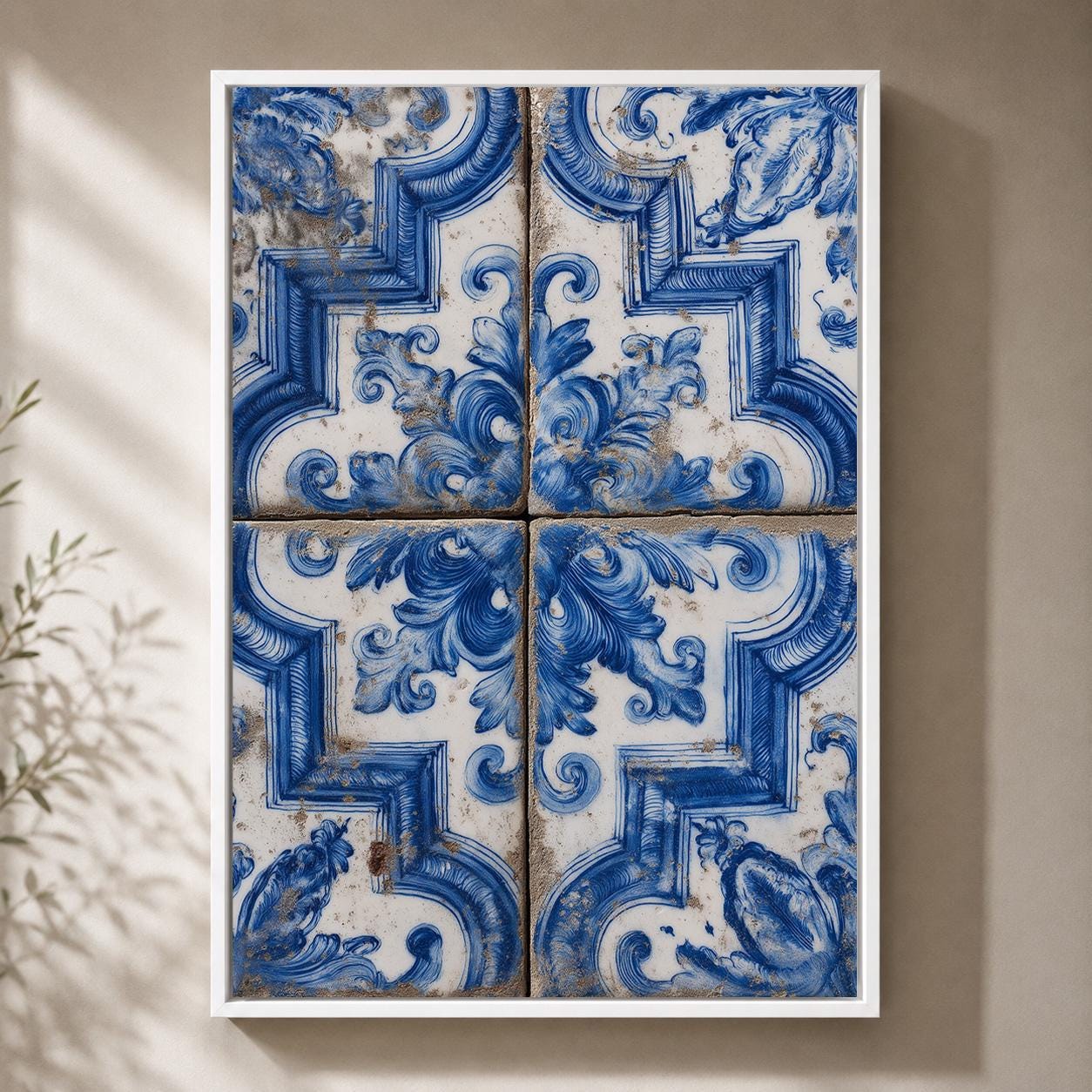 Portuguese Azulejo Blue Ceramic Tile Mediterranean Framed Canvas by The Wall Art Studio