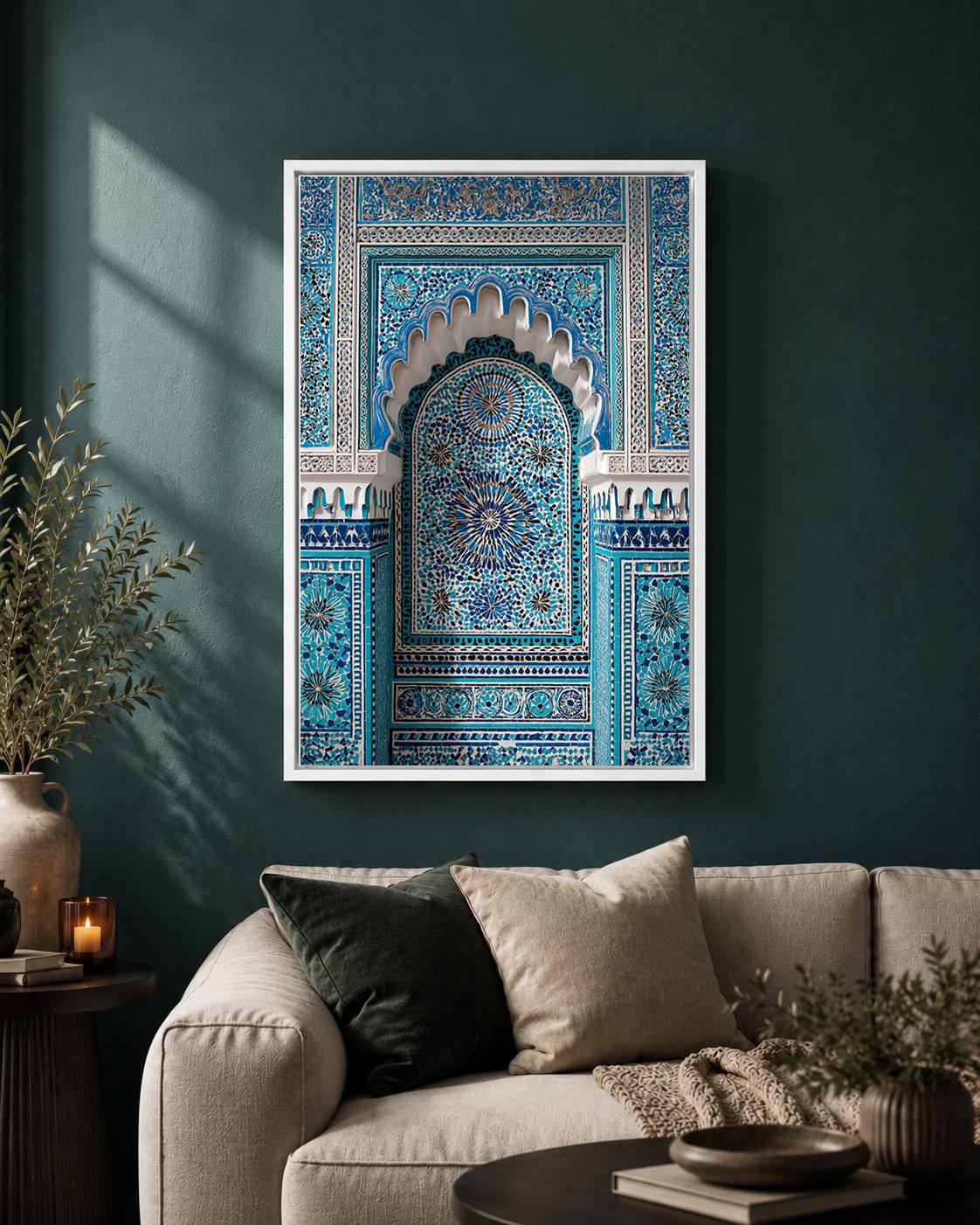Moroccan Mosaic Arch Blue Islamic Tile Framed Canvas by The Wall Art Studio