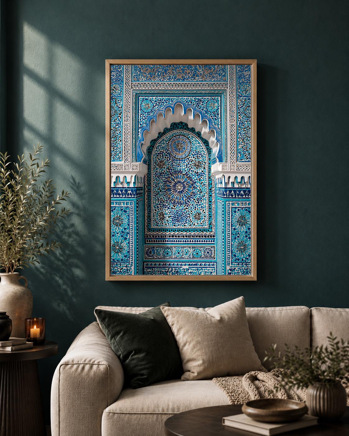 Moroccan Mosaic Arch Blue Islamic Tile Framed Canvas by The Wall Art Studio