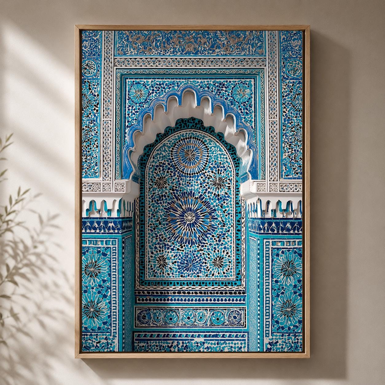 Moroccan Mosaic Arch Blue Islamic Tile Framed Canvas by The Wall Art Studio