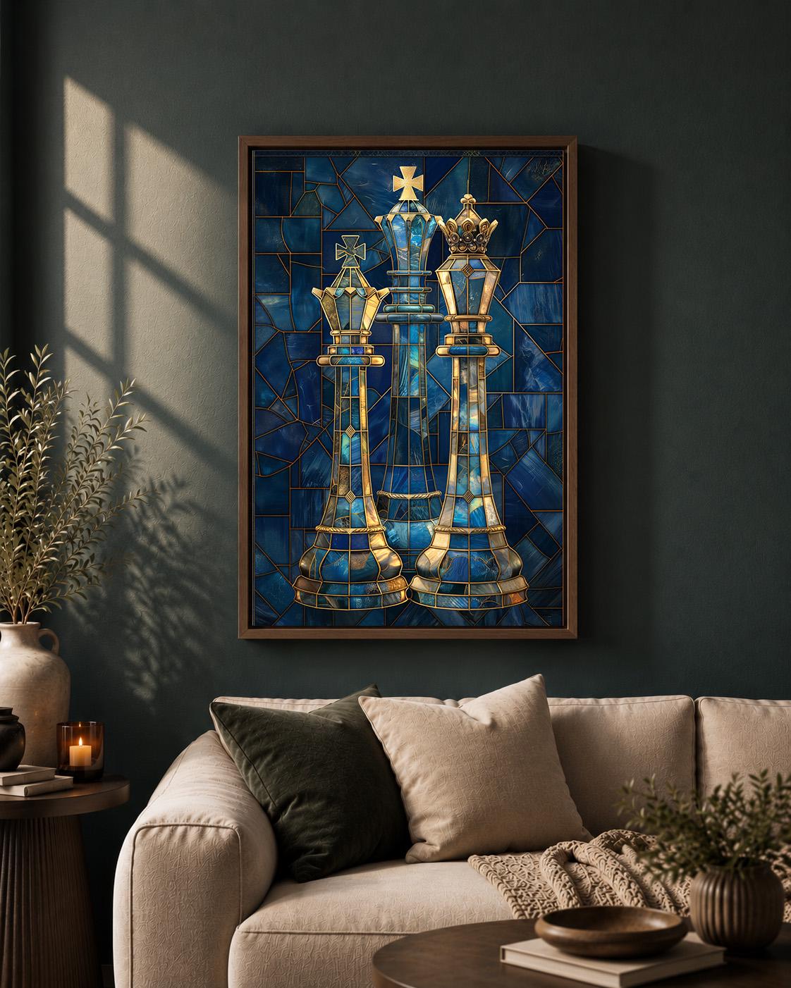 Blue Stained Glass Chess King & Queen Framed Canvas by The Wall Art Studio
