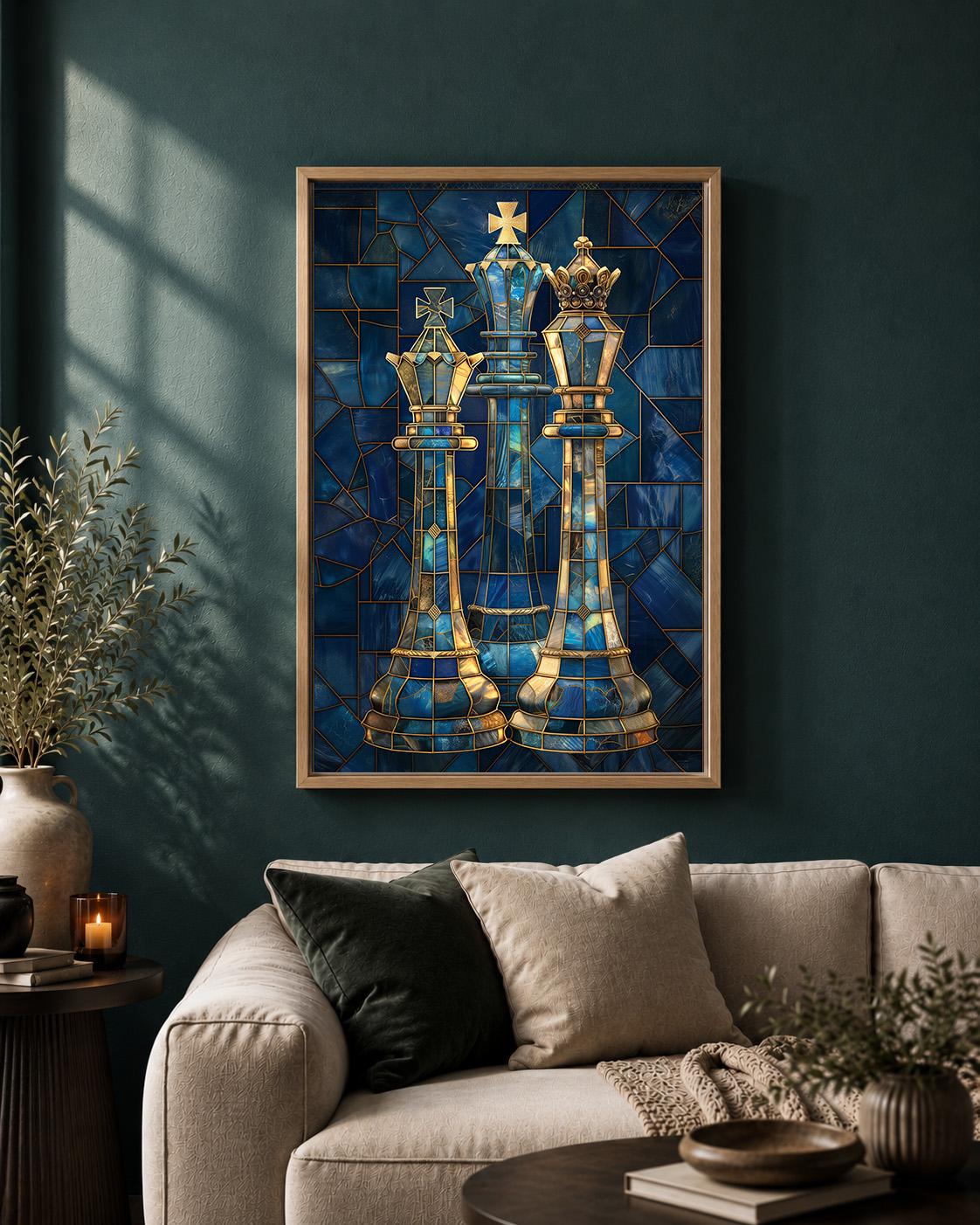 Blue Stained Glass Chess King & Queen Framed Canvas by The Wall Art Studio