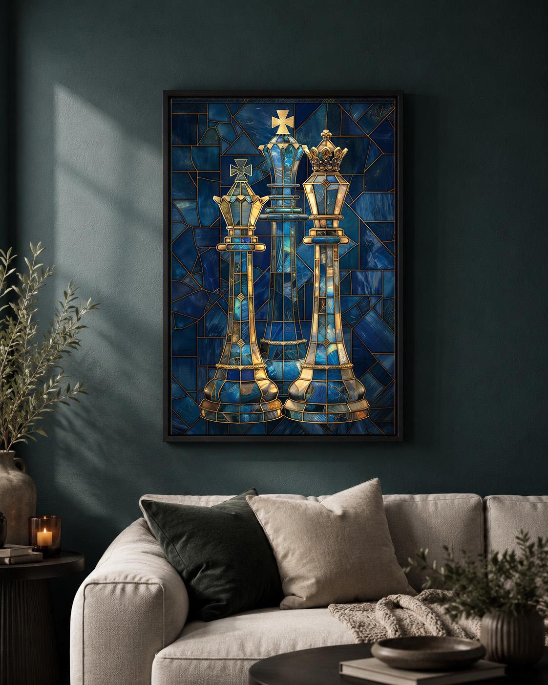 Blue Stained Glass Chess King & Queen Framed Canvas by The Wall Art Studio