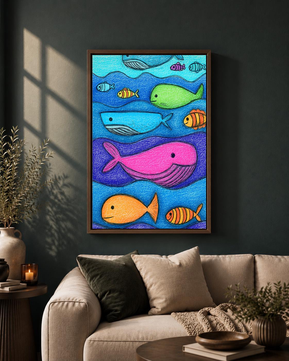 Whale and Fish Ocean Nursery Colorful Kids Sea Life Canvas Print by The Wall Art Studio