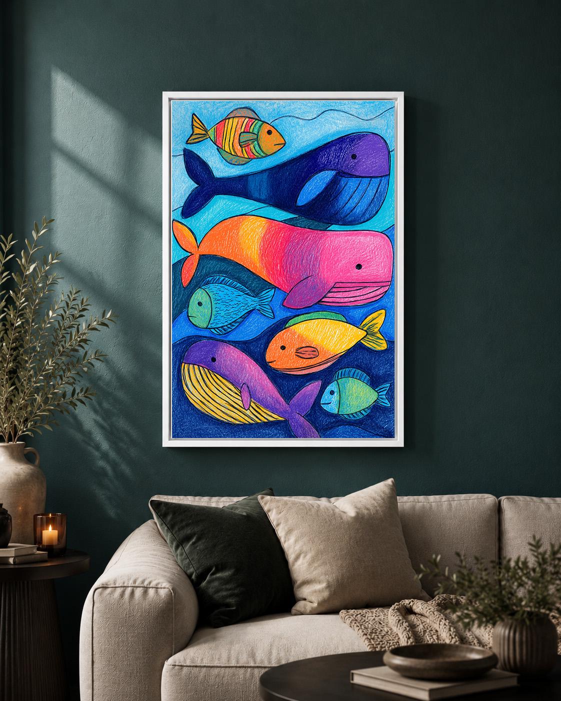 Colorful Whale and Fish Ocean Nursery Playroom Framed Canvas by The Wall Art Studio