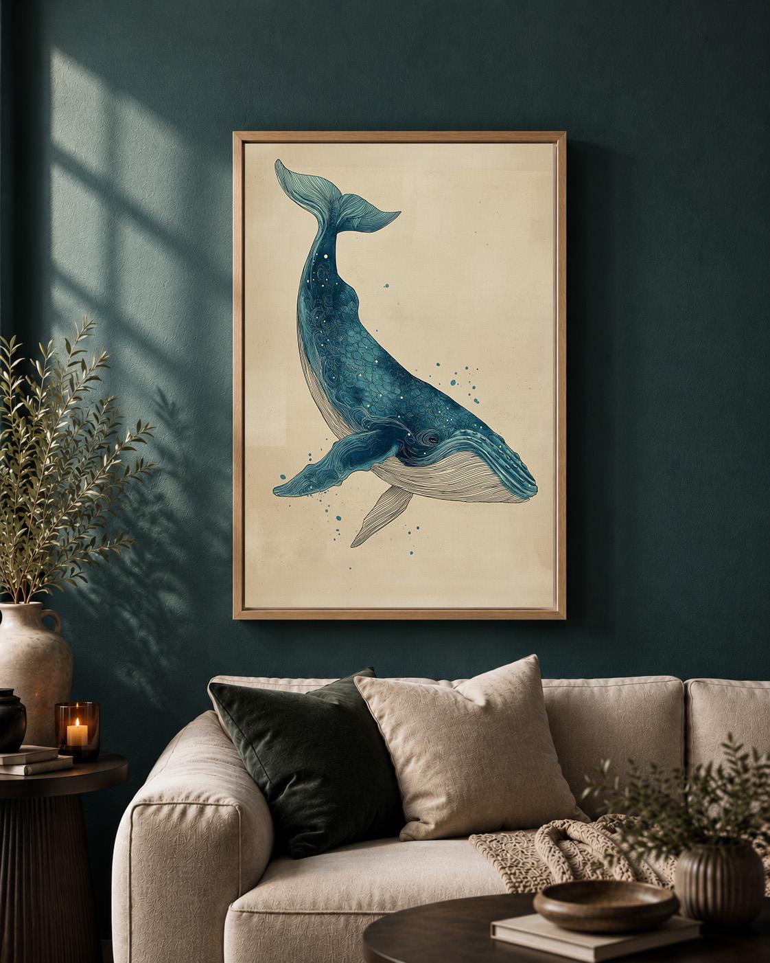 Blue Whale Coastal Nautical Ocean Framed Canvas by The Wall Art Studio