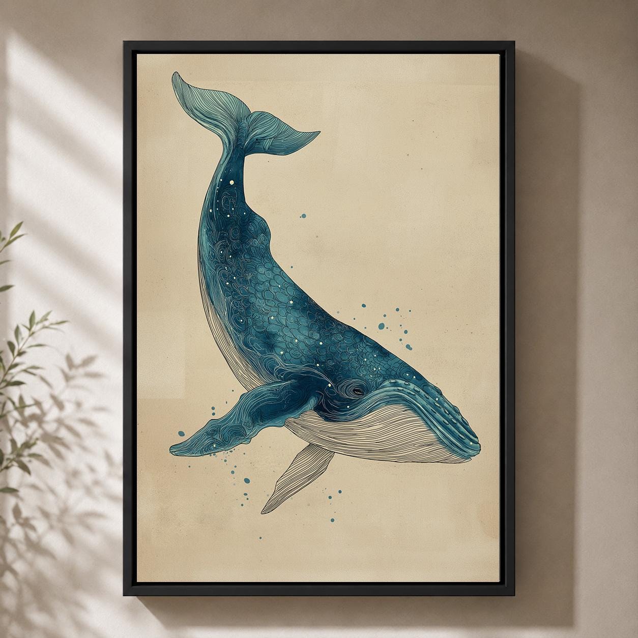 Blue Whale Coastal Nautical Ocean Framed Canvas by The Wall Art Studio