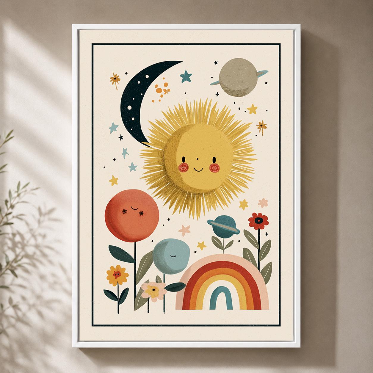 Boho Sun and Rainbow Celestial Nursery Kids Room Framed Canvas by The Wall Art Studio