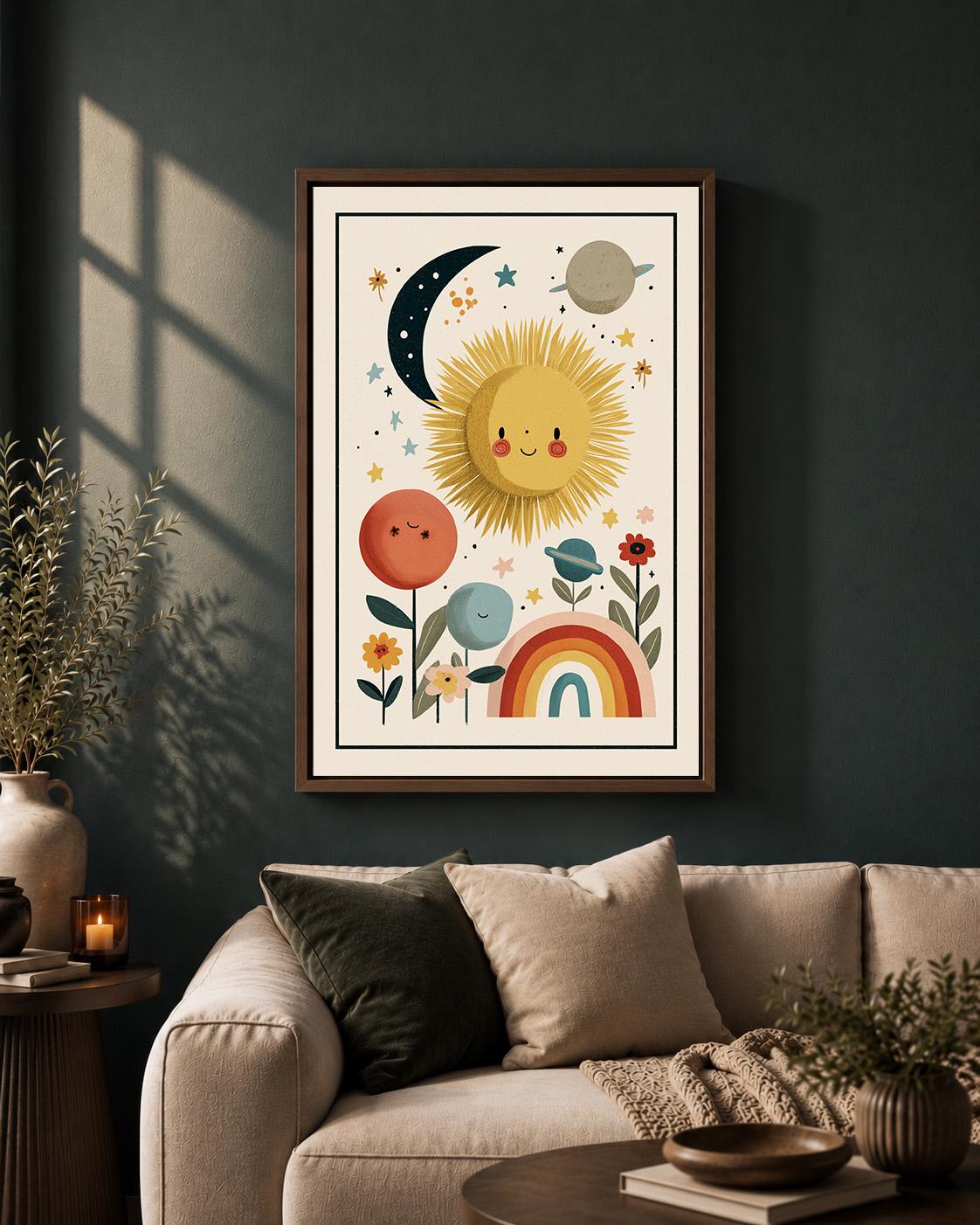 Boho Sun and Rainbow Celestial Nursery Kids Room Framed Canvas by The Wall Art Studio