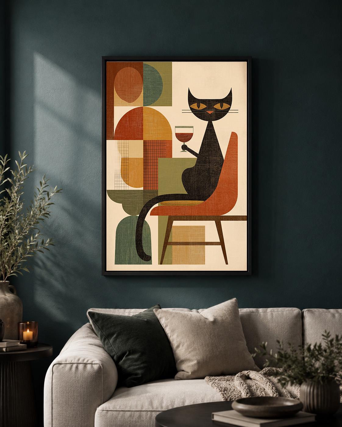 Mid Century Retro Cat Cat Wine Lover Framed Canvas by The Wall Art Studio
