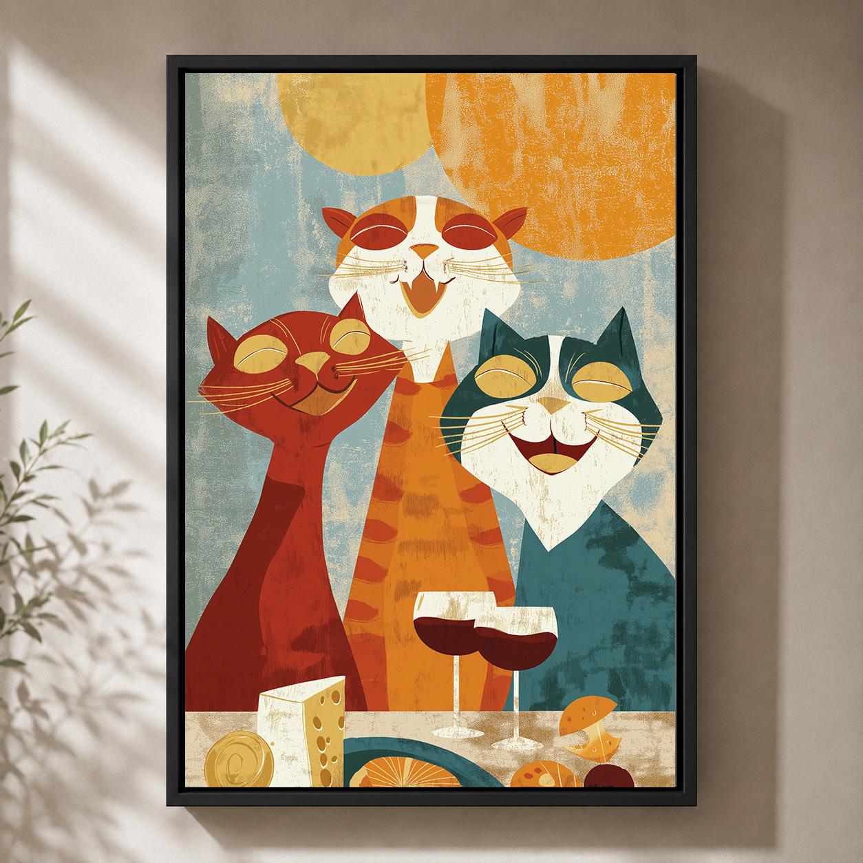 Retro Mid Century Cat Party Wine & Cheese Framed Canvas by The Wall Art Studio
