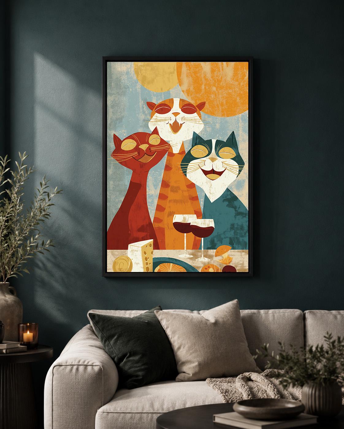 Retro Mid Century Cat Party Wine & Cheese Framed Canvas by The Wall Art Studio