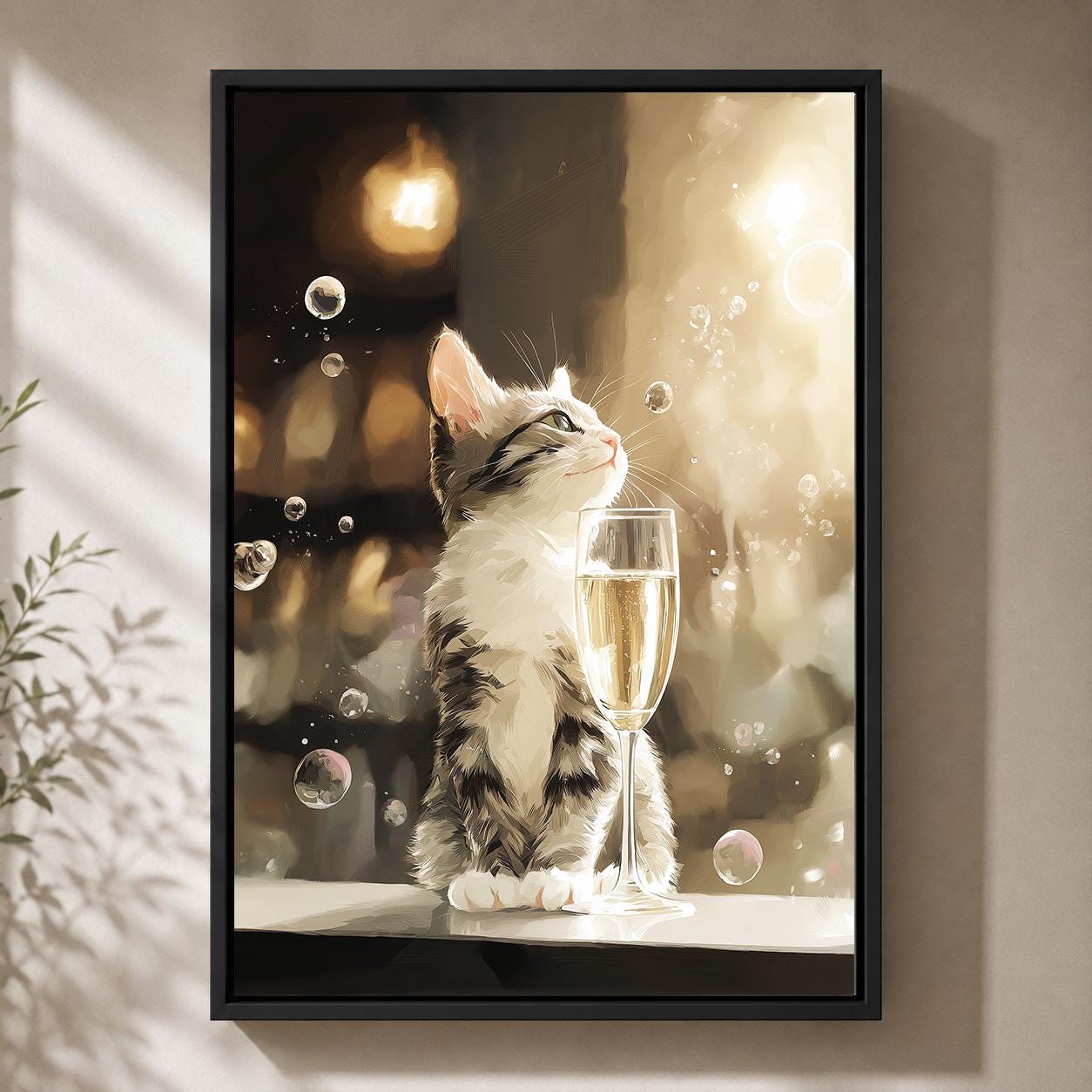 Champagne Cat Kitten Framed Canvas by The Wall Art Studio