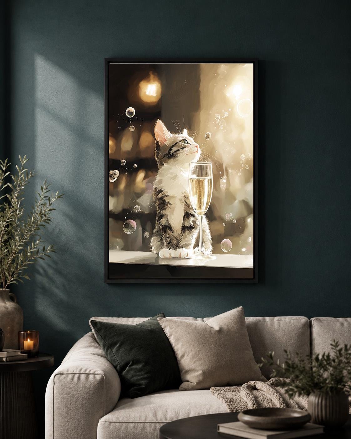 Champagne Cat Kitten Framed Canvas by The Wall Art Studio