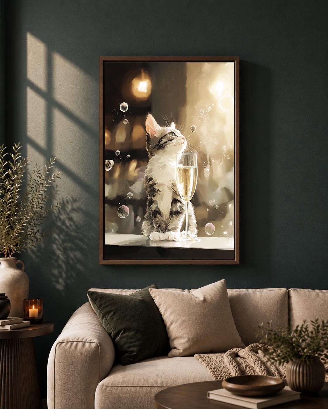 Champagne Cat Kitten Framed Canvas by The Wall Art Studio