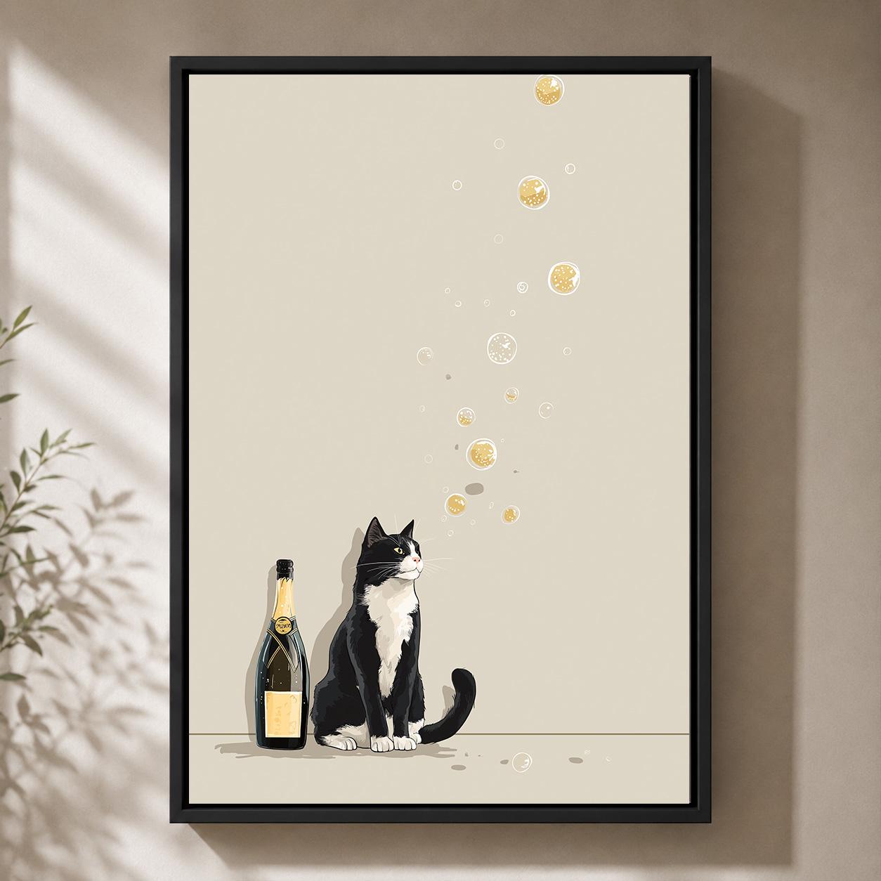 Minimalist Champagne Black & White Cat Framed Canvas by The Wall Art Studio