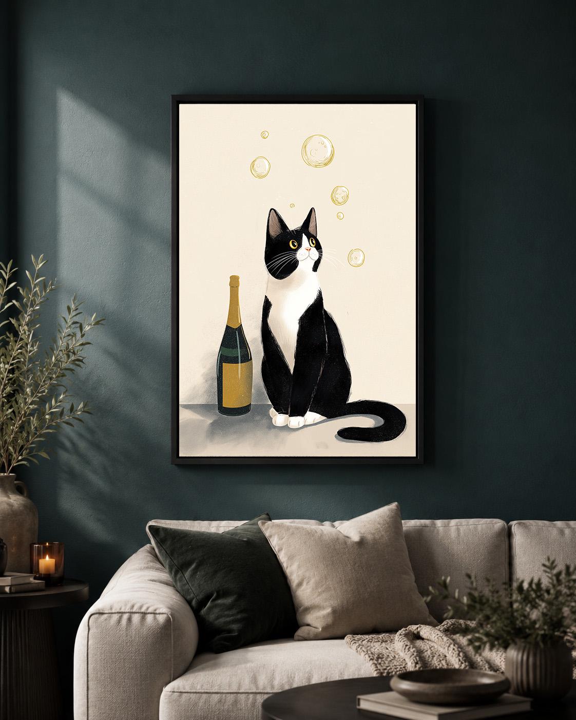 Tuxedo Cat with Champagne Framed Canvas by The Wall Art Studio