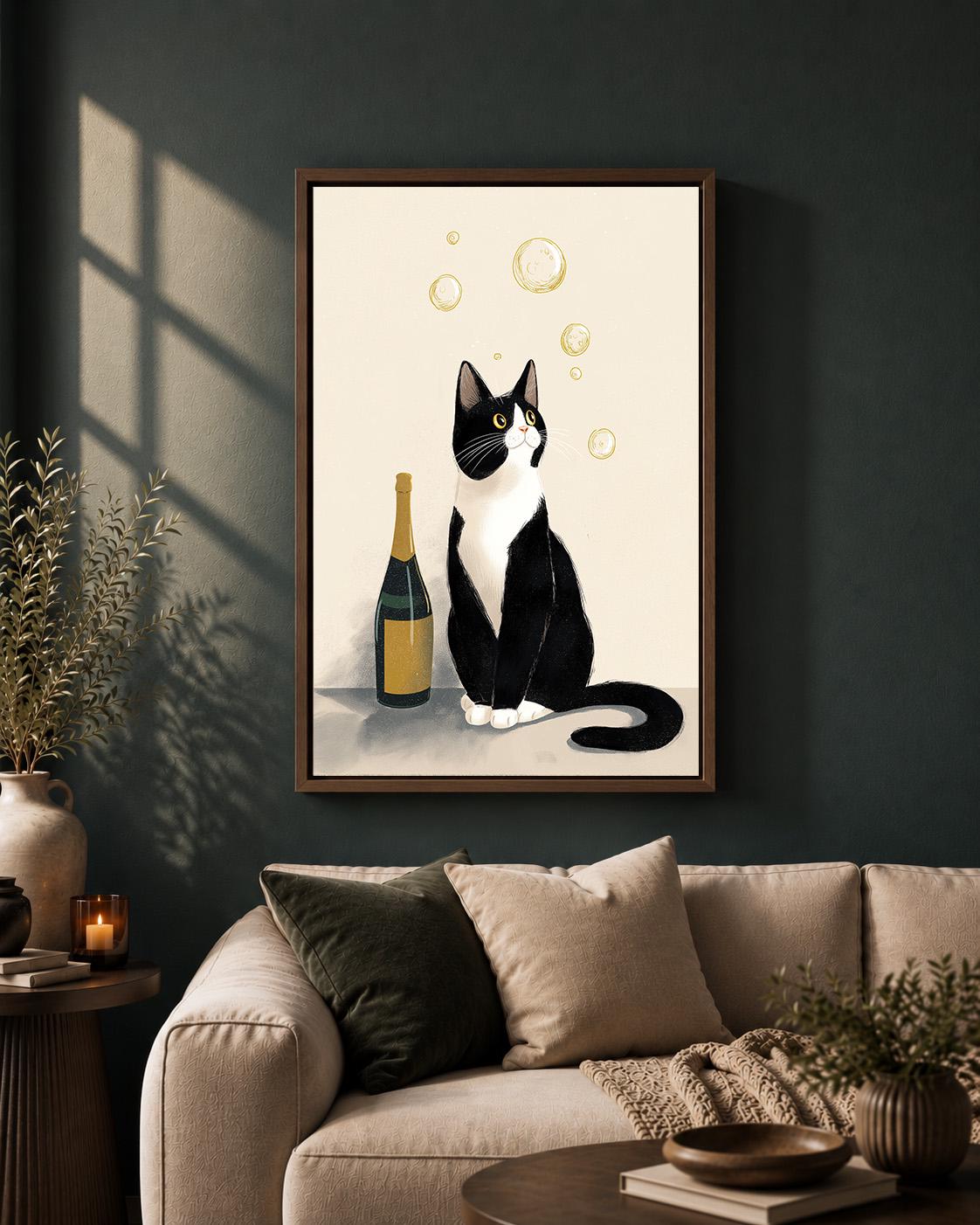 Tuxedo Cat with Champagne Framed Canvas by The Wall Art Studio