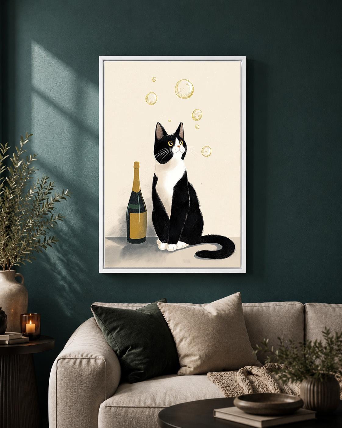 Tuxedo with Cat Champagne Bottle Framed Canvas by The Wall Art Studio