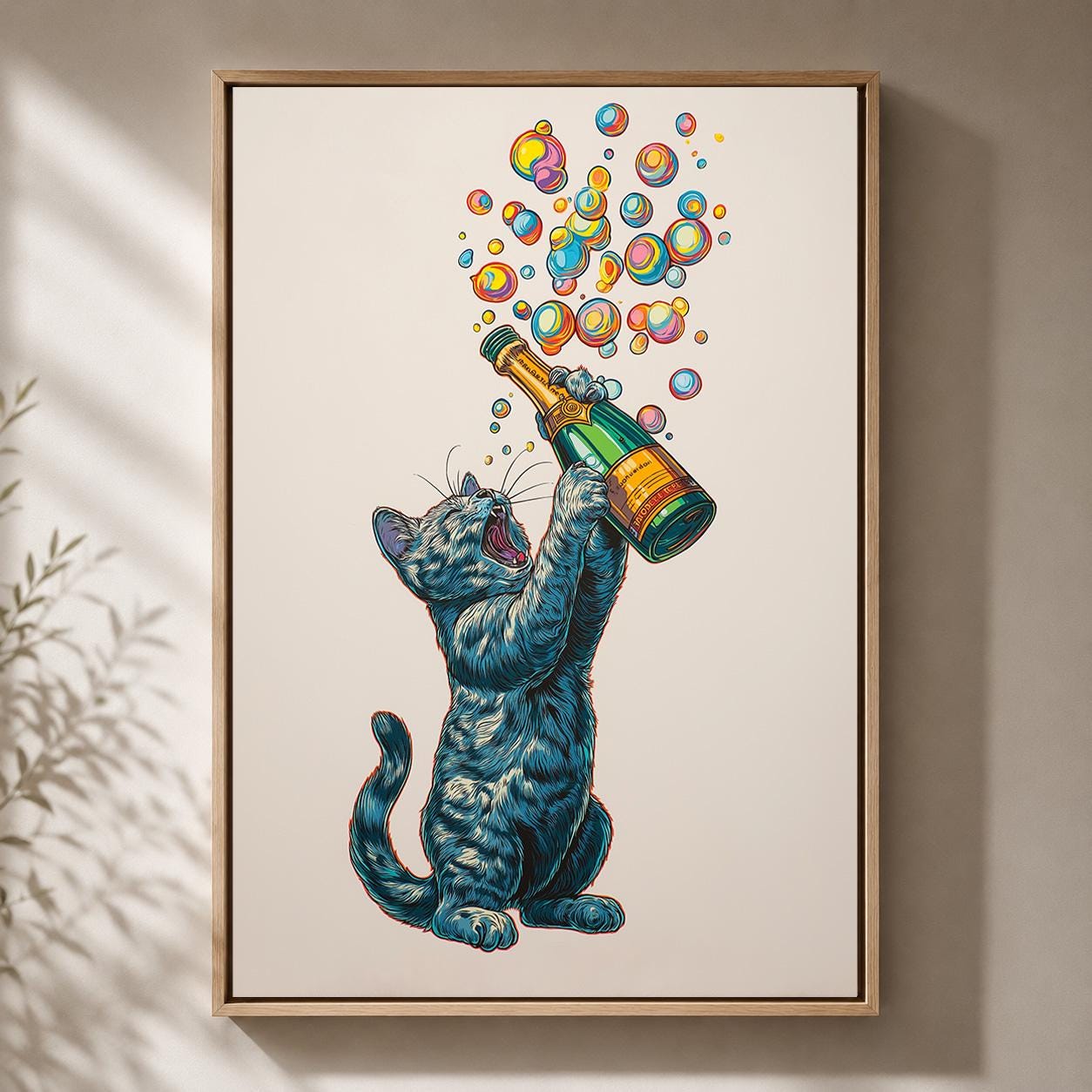 Funny Champagne Cat Framed Canvas by The Wall Art Studio