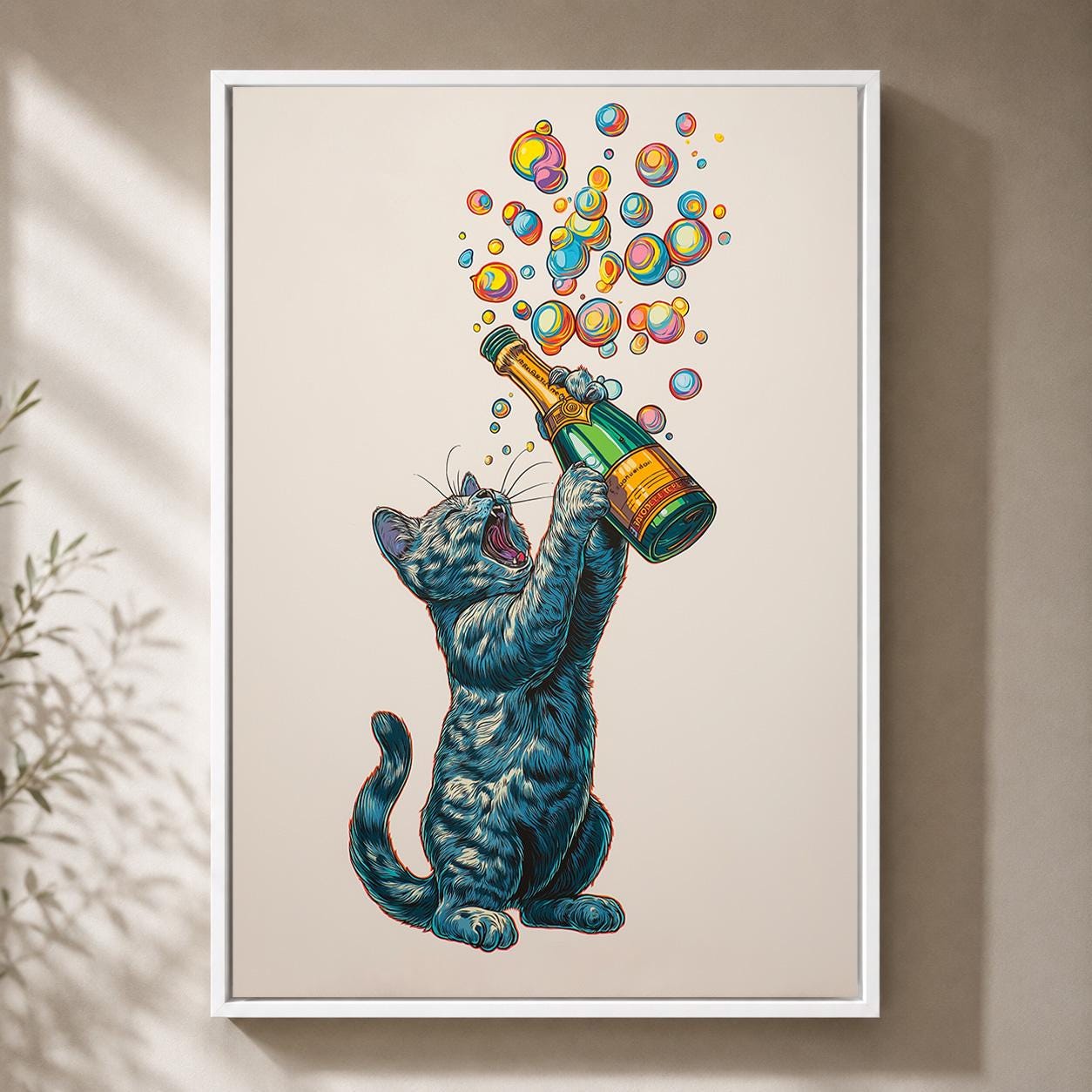 Funny Champagne Cat Framed Canvas by The Wall Art Studio