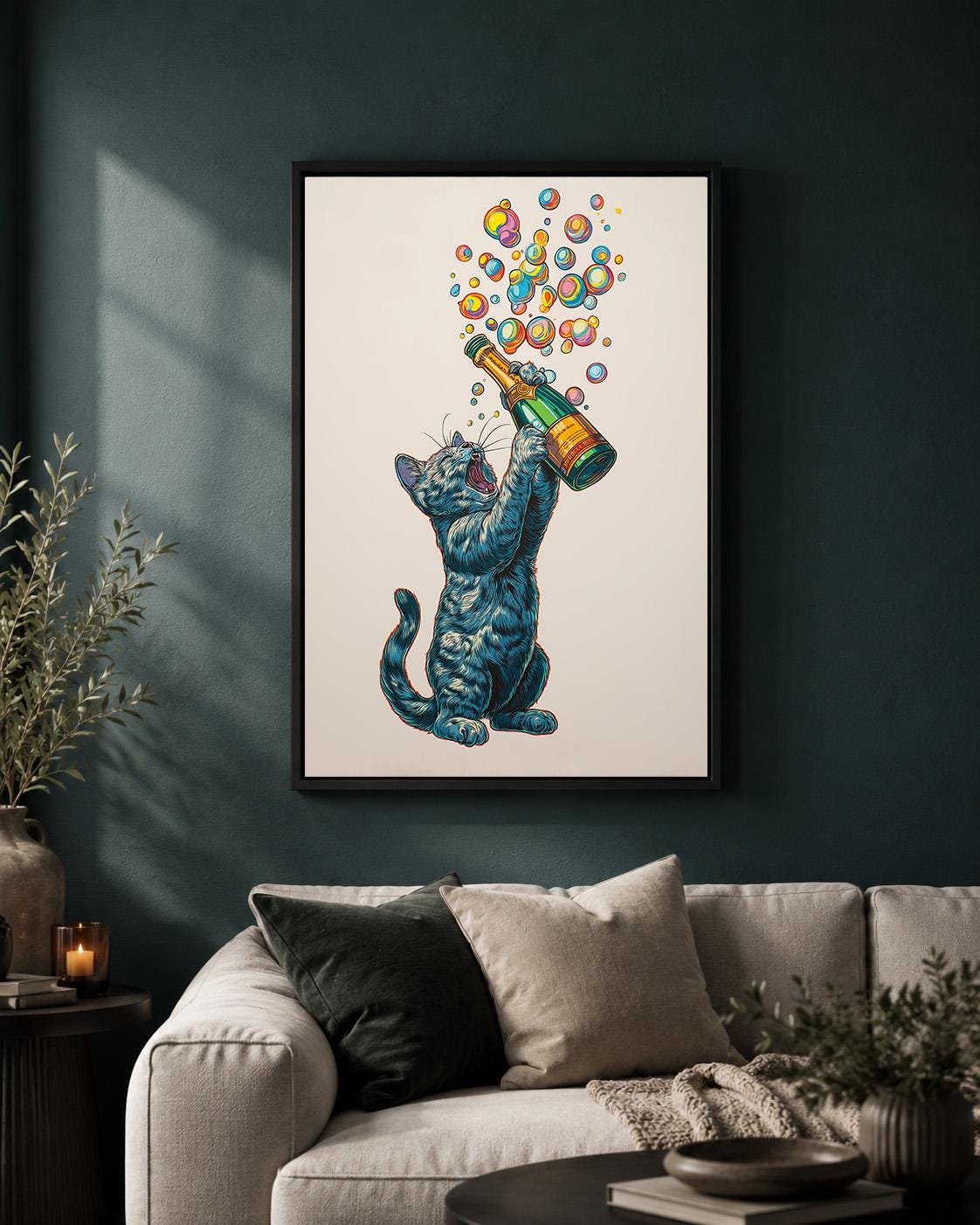 Funny Champagne Cat Framed Canvas by The Wall Art Studio