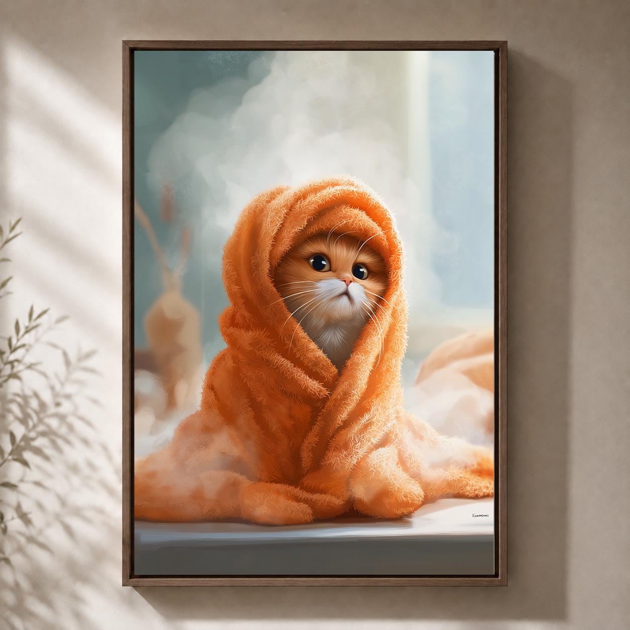 Kitten in Towel Framed Canvas Bathroom Framed Canvas by The Wall Art Studio