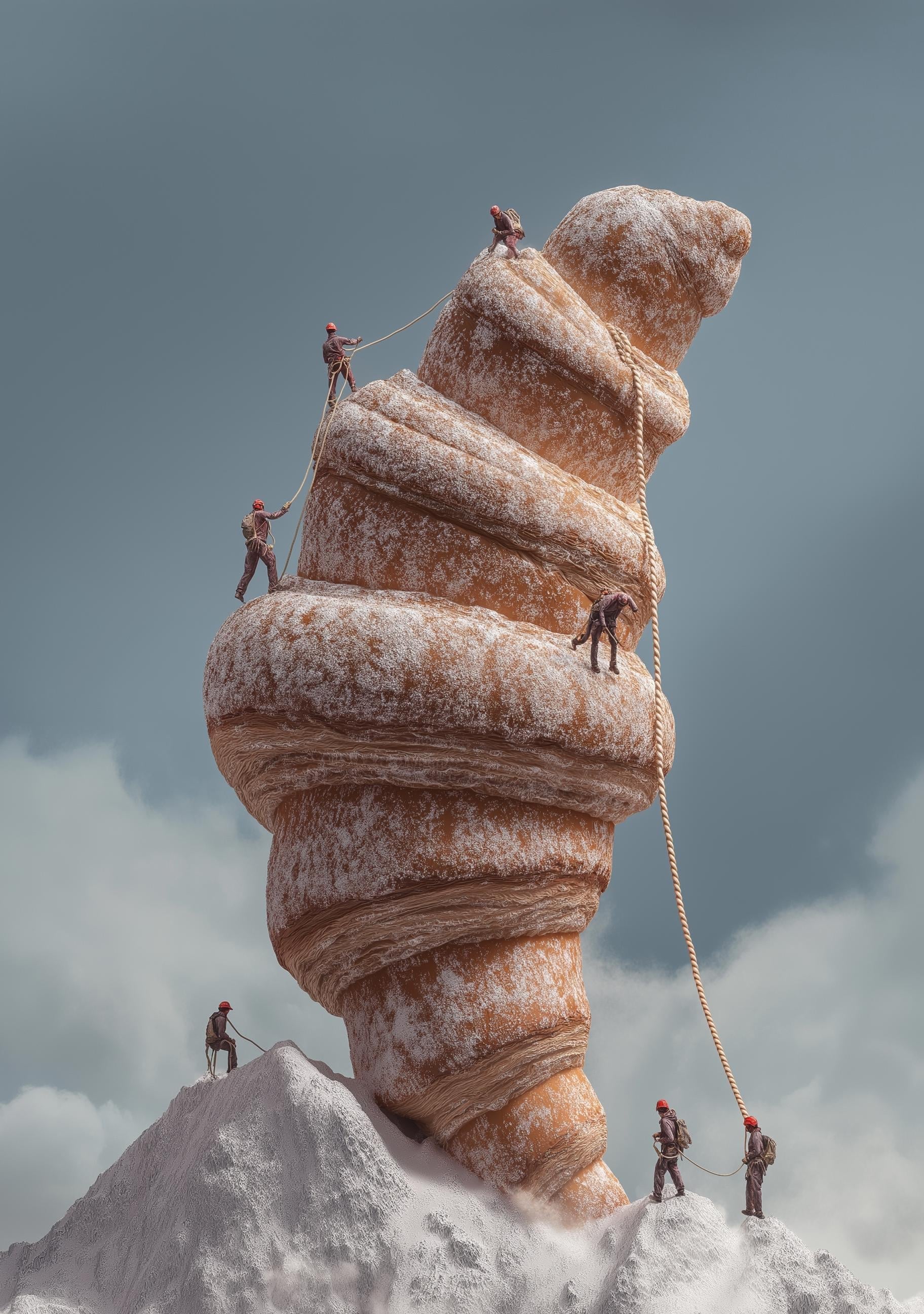 Surreal Croissant Mountain Climbers Whimsical Food Landscape Wall Art