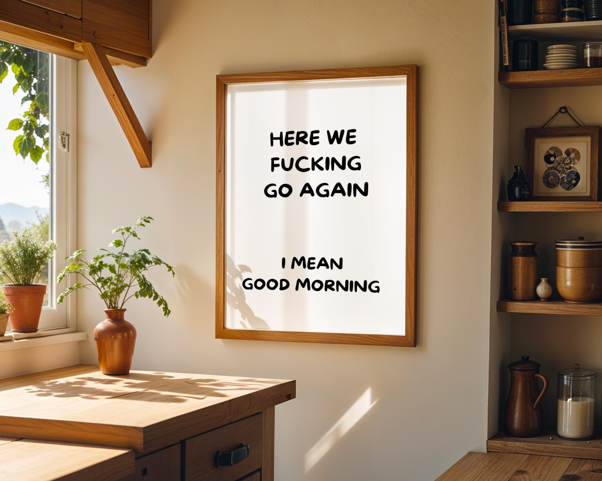 Black Here We F***ing Go Again Print Funny Morning Wall Art by The Wall Art Studio