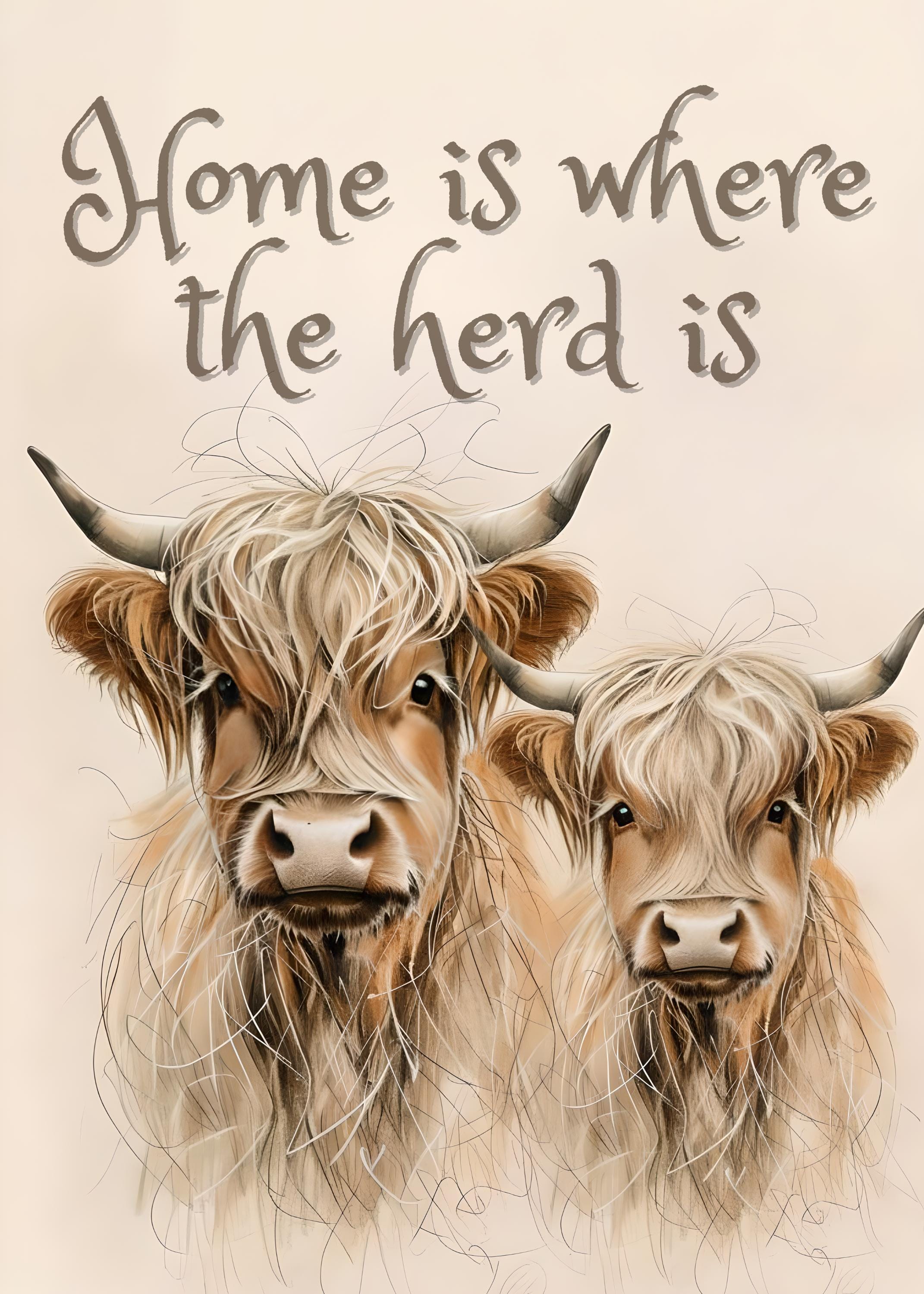 Highland Cow "Home is Where the Herd Is" Quote Wall Art by The Wall Art Studio - physical
