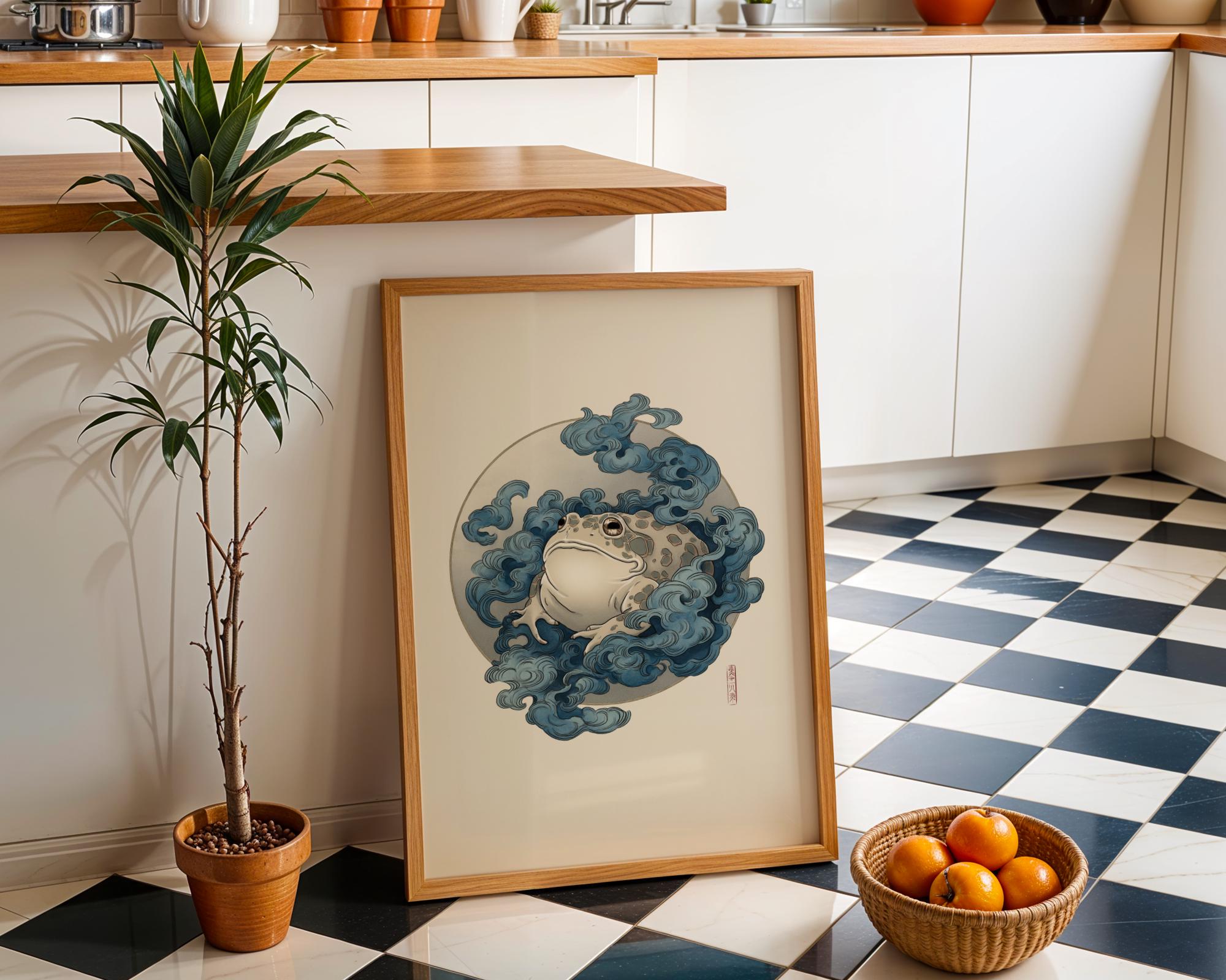 Japanese Whimsical Frog in Kimono, Yokai-Inspired Wall Art by The Wall Art Studio