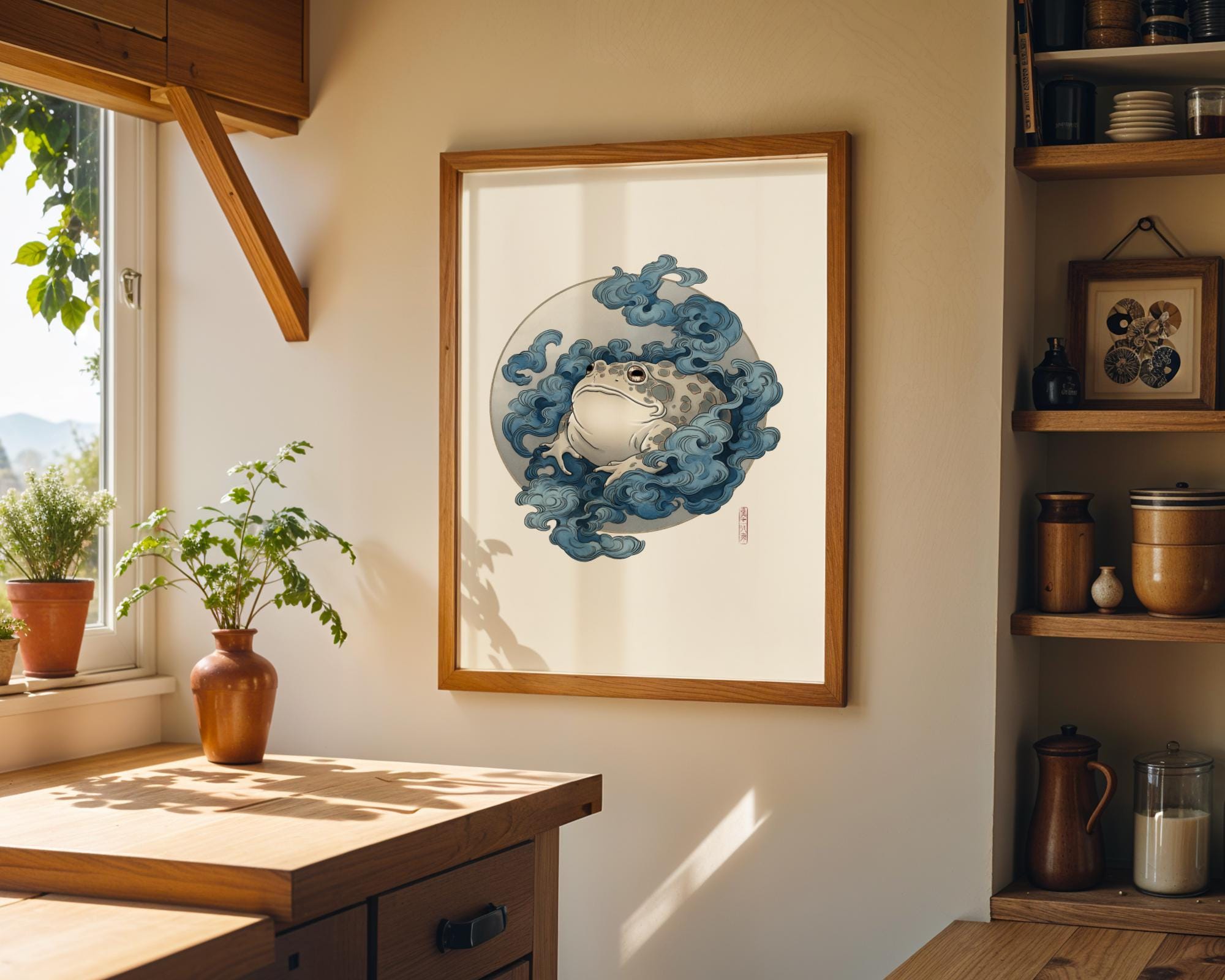 Japanese Whimsical Frog in Kimono, Yokai-Inspired Wall Art by The Wall Art Studio