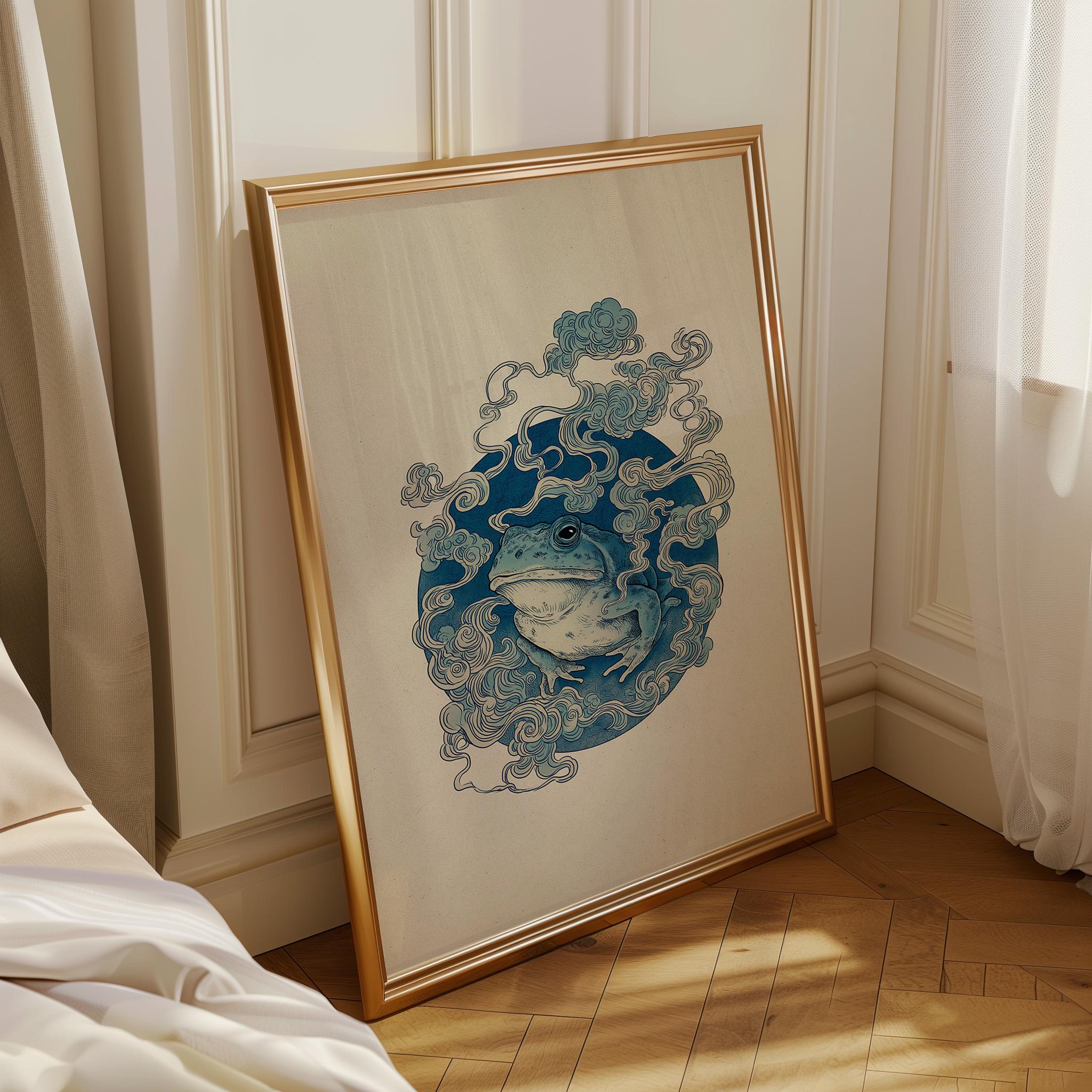 Japanese Whimsical Frog in Kimono, Yokai-Inspired Wall Art by The Wall Art Studio