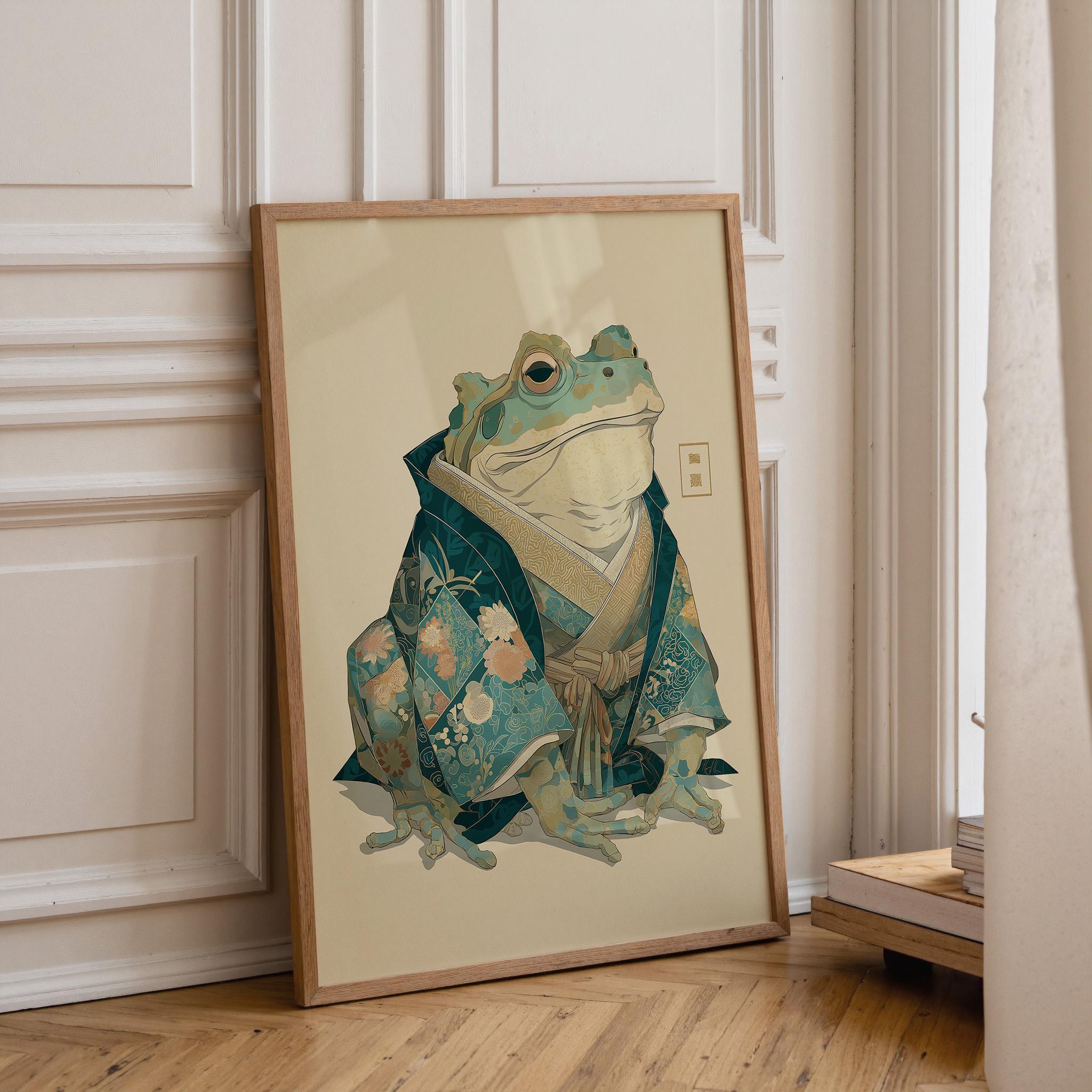 Japanese Whimsical Frog in Kimono Yokai-Inspired Wall Art by The Wall Art Studio
