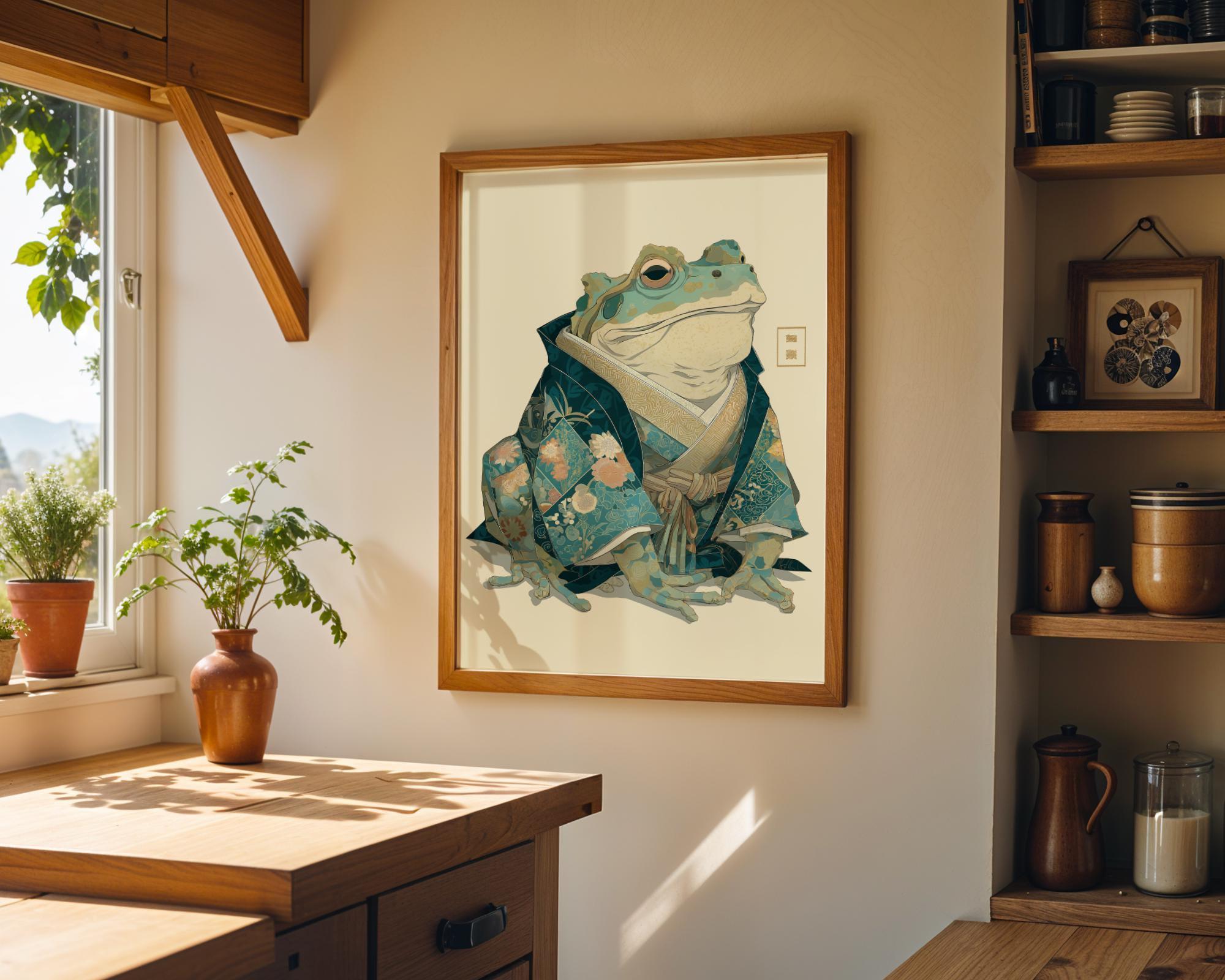 Japanese Whimsical Frog in Kimono Yokai-Inspired Wall Art by The Wall Art Studio