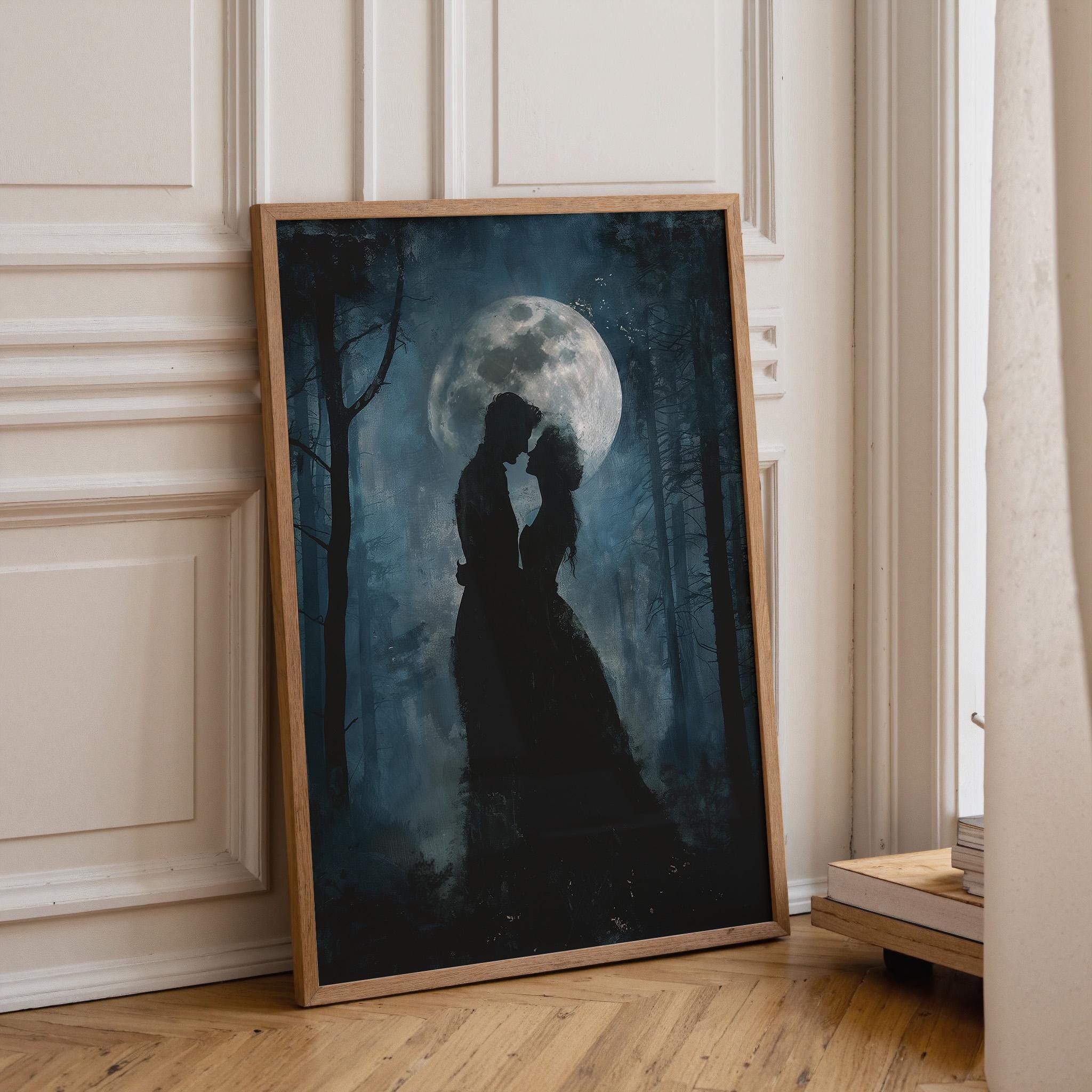 Gothic Moon Couple Dark Romantic Silhouette Moody Forest Night Wall Art by The Wall Art Studio