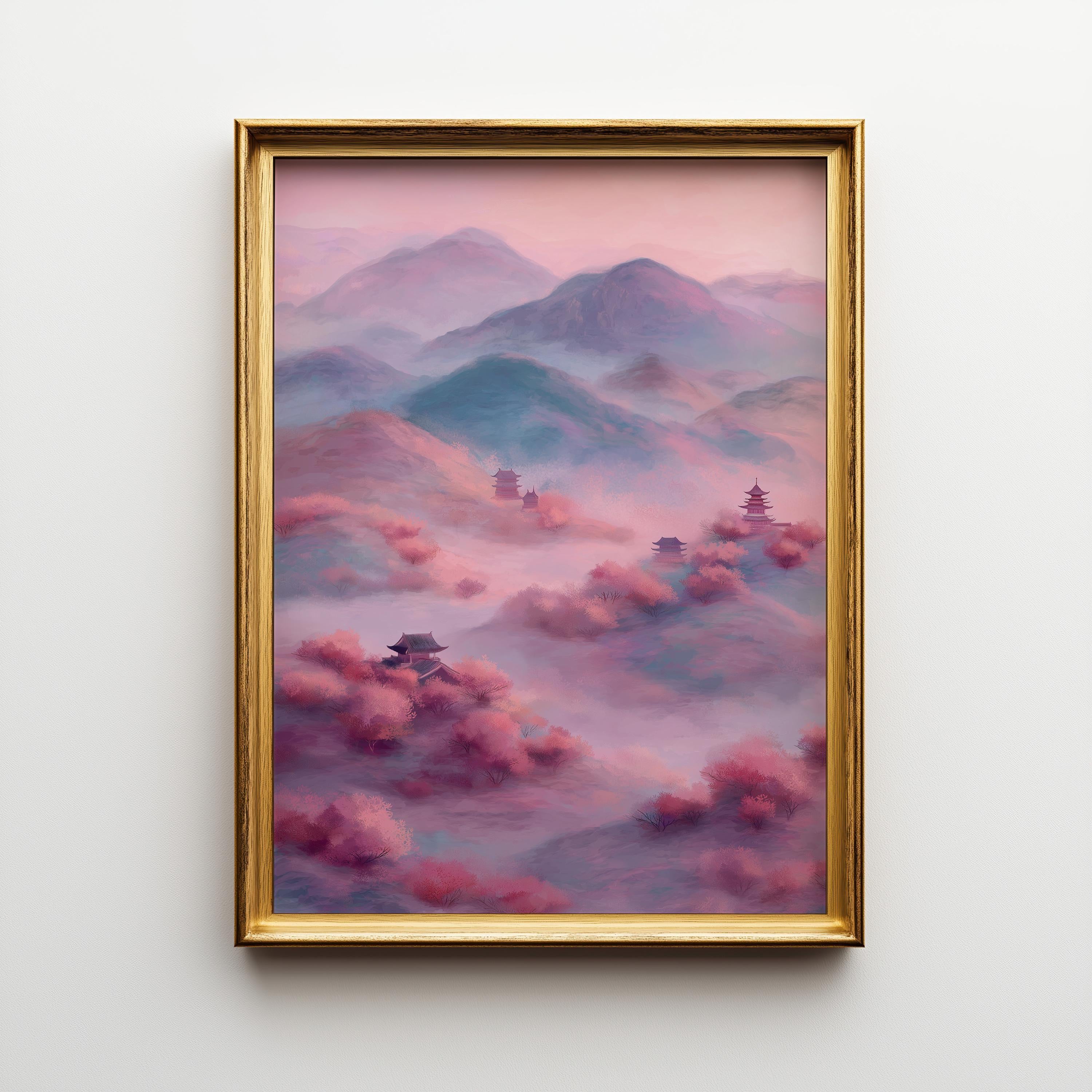 Chinoiserie Landscape Pastel Mountain Scenery Oriental Pagoda Wall Art by The Wall Art Studio - physical