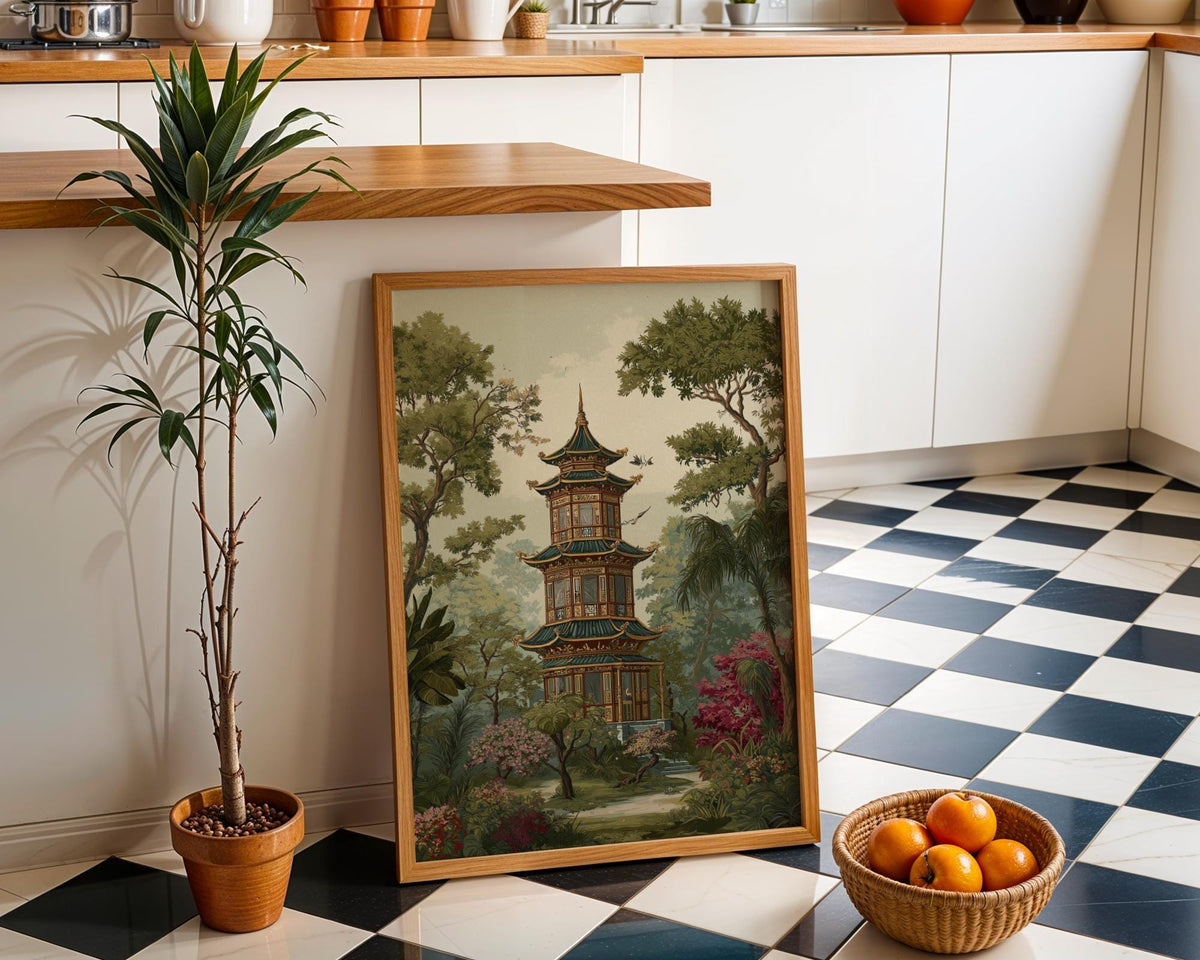 Chinoiserie Pagoda Vintage Oriental Landscape Asian Wall Art by The Wall Art Studio - physical