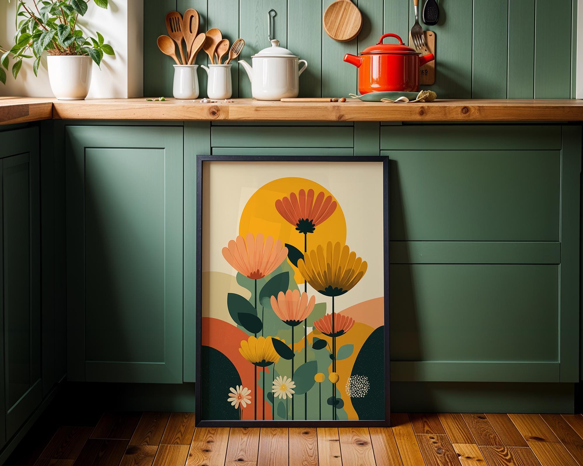 Mid Century Modern Floral Retro Abstract Flower Wall Art by The Wall Art Studio - physical