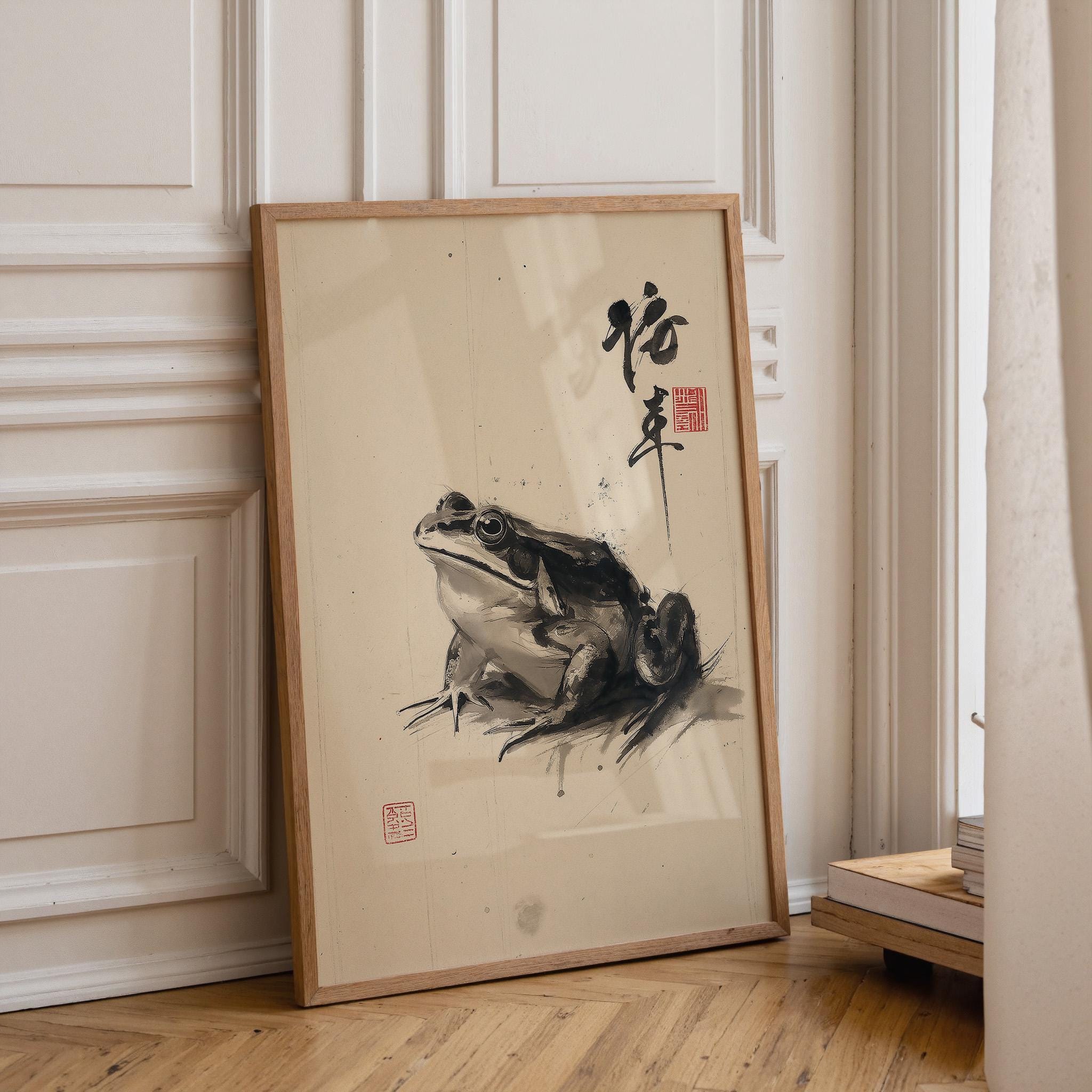 Zen Frog Ink Minimalist Japanese Sumi-e Wall Art by The Wall Art Studio