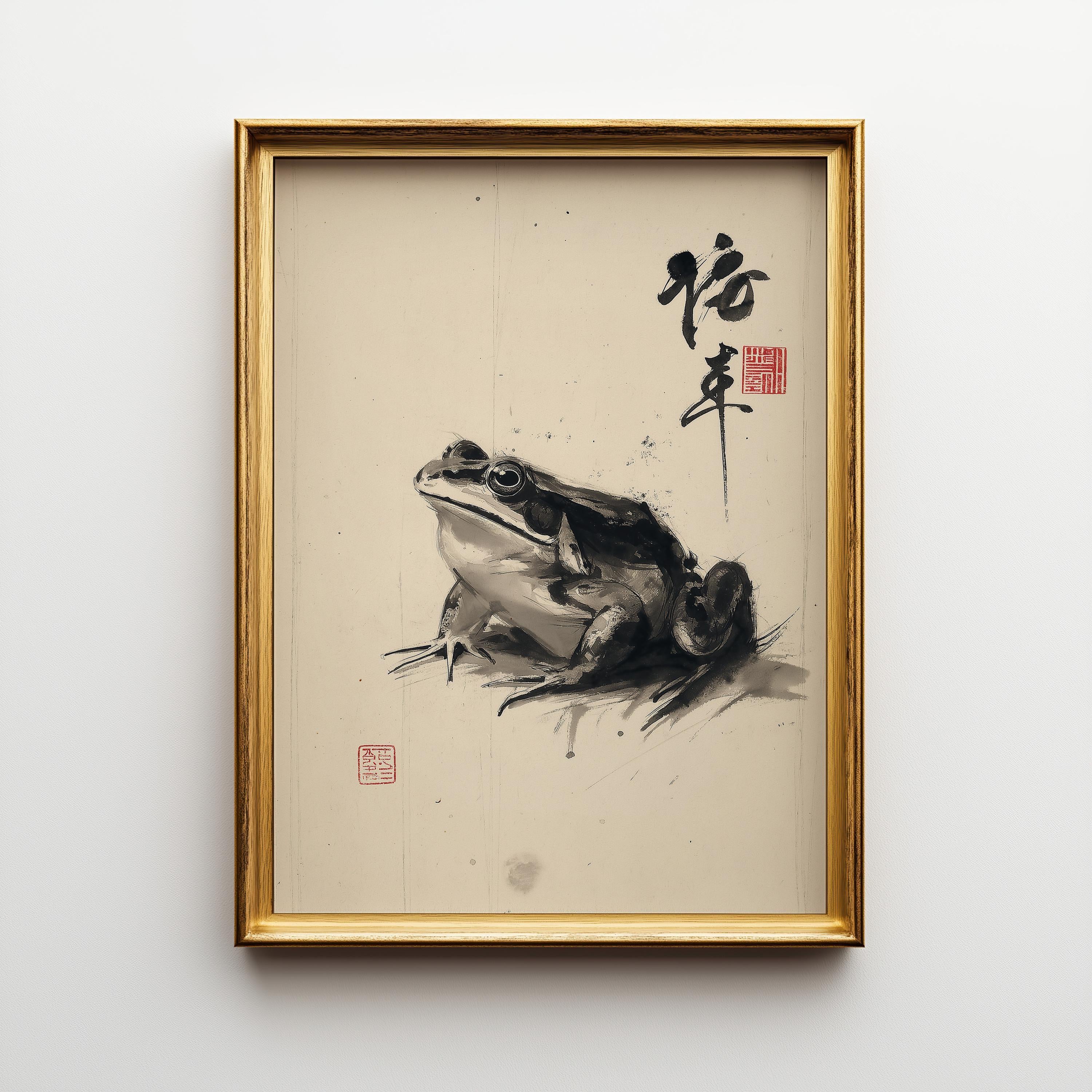 Zen Frog Ink Minimalist Japanese Sumi-e Wall Art by The Wall Art Studio
